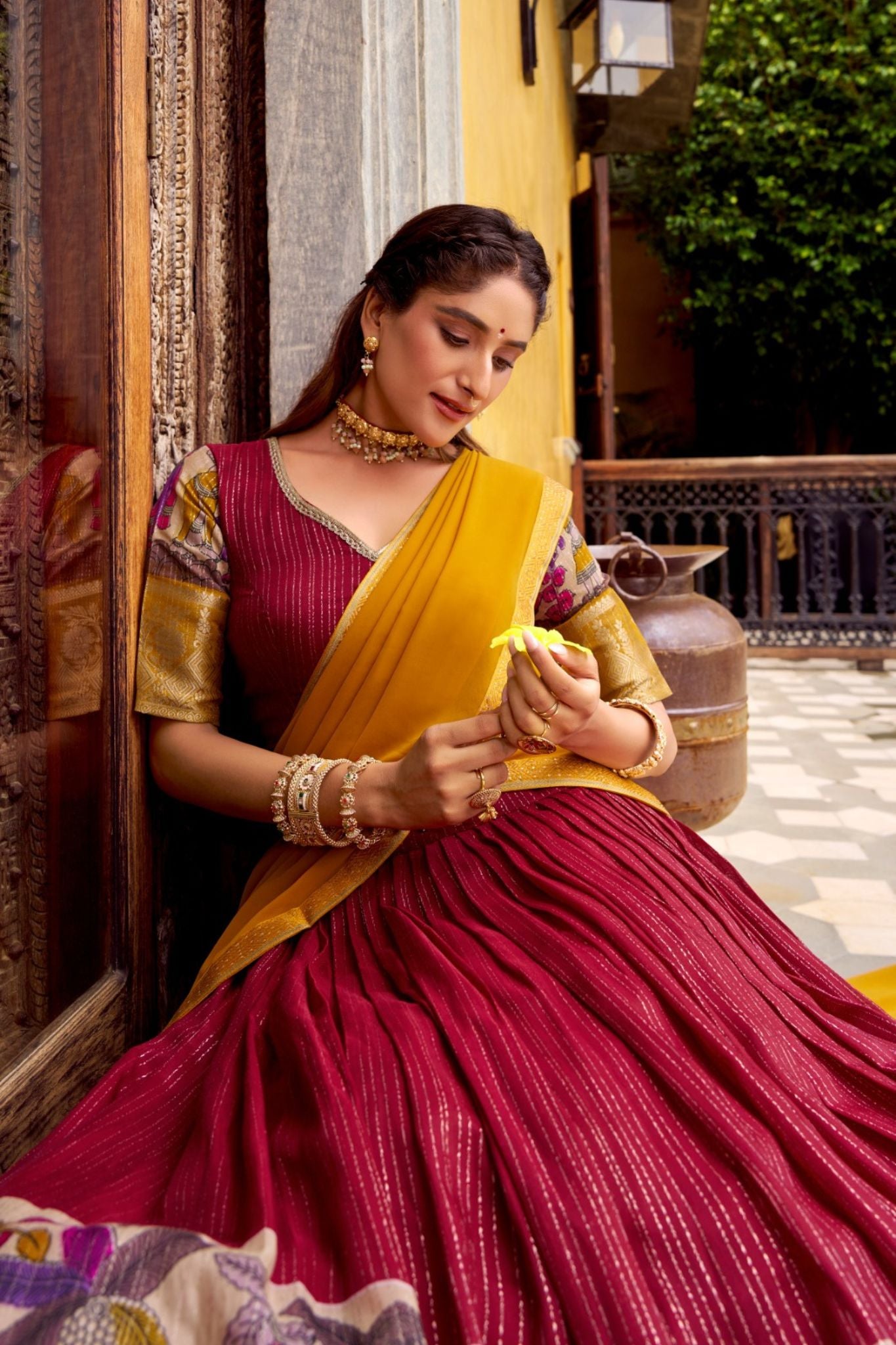 Poly Chanderi Kalamkari Printed Zari Weaving Work Premium Lehenga Choli