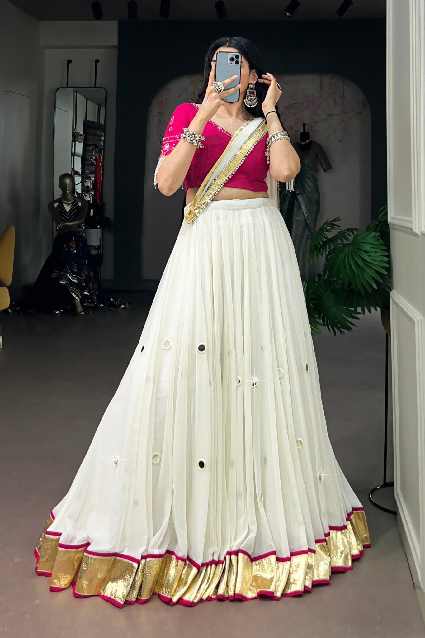 Raasrang Moonlight White Navratri Designer Lehenga Choli With Pink Blouse
