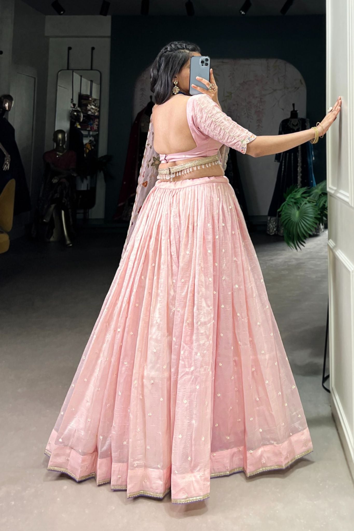 Light Pink Thread Embroidered Gold Crush Lehenga Set For Wedding
