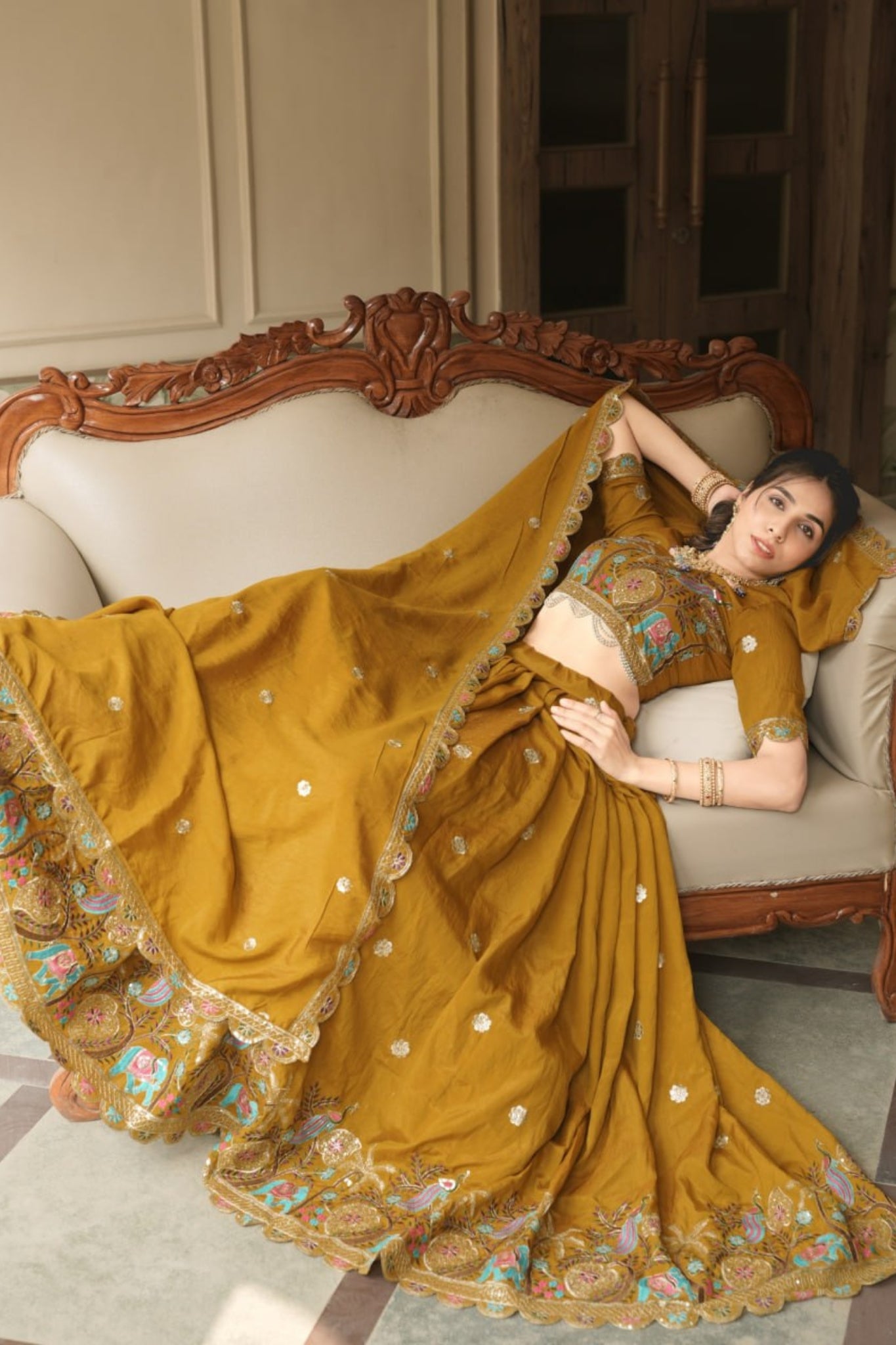 Royal Mustard Haldi Designer Lehenga Choli With Multicolor Embroidery And Designer Dupatta