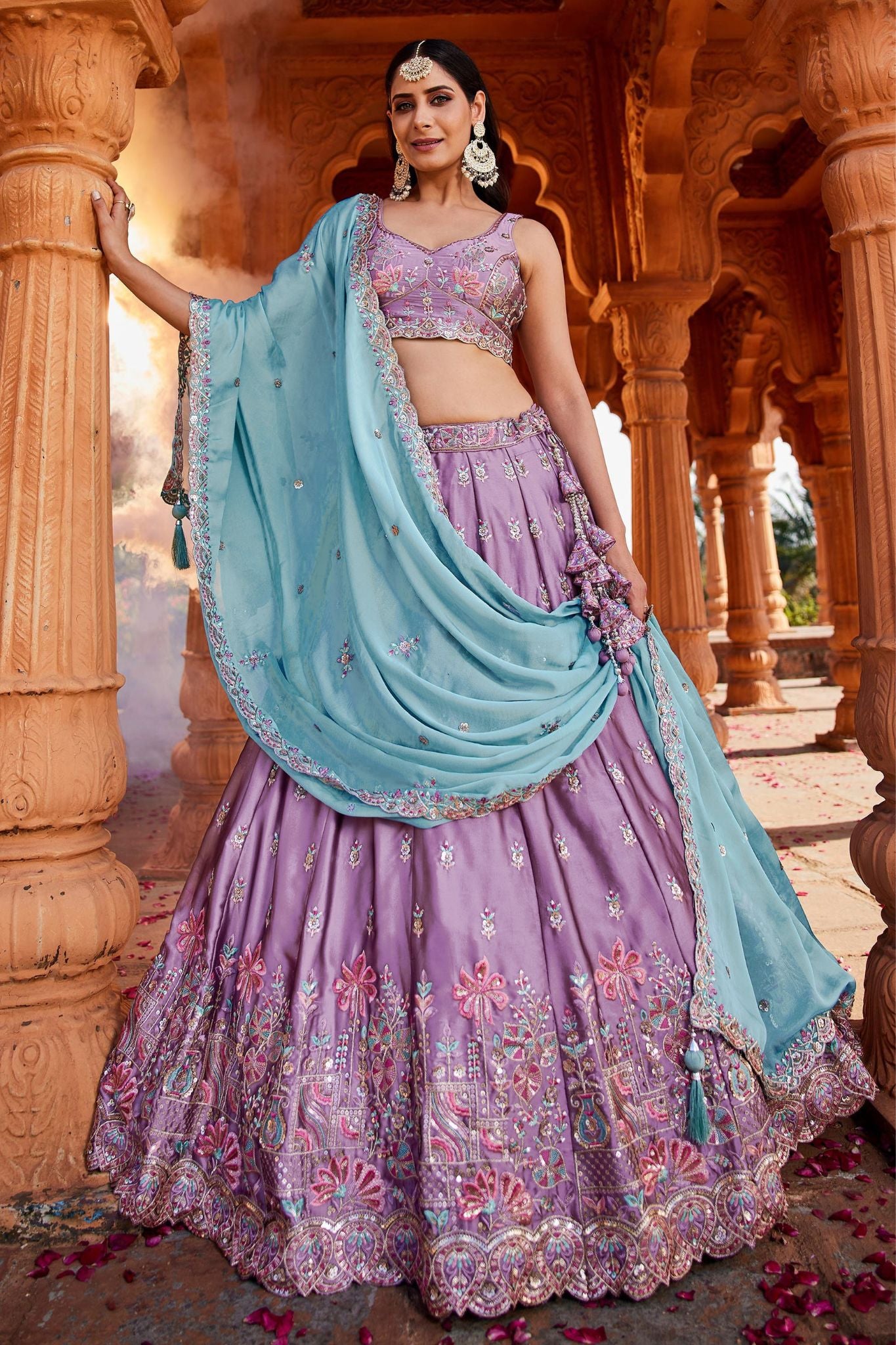Lavender Rangoli Silk Designer Lehenga Choli With Aqua Blue Embroidered Dupatta