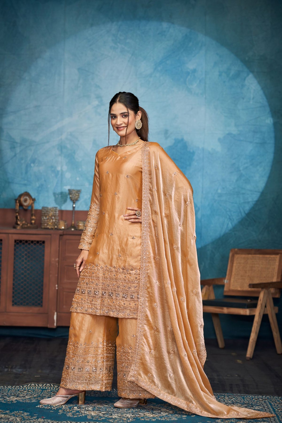 Gold Fendi Thread Embroidered With Sequins Work Sharara Set Of 3