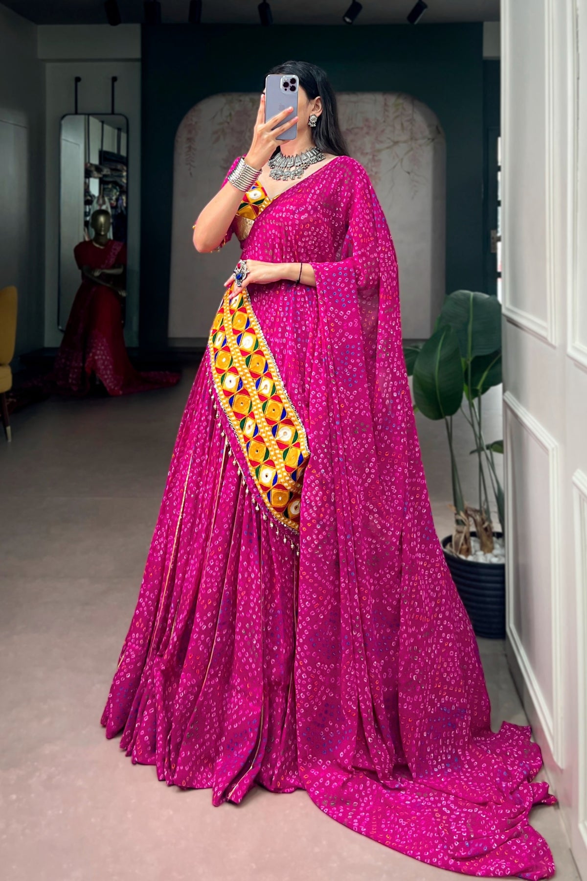 Designer Navratri Lehenga Choli In Bandhej Print Georgette With Gamthi Work Dupatta