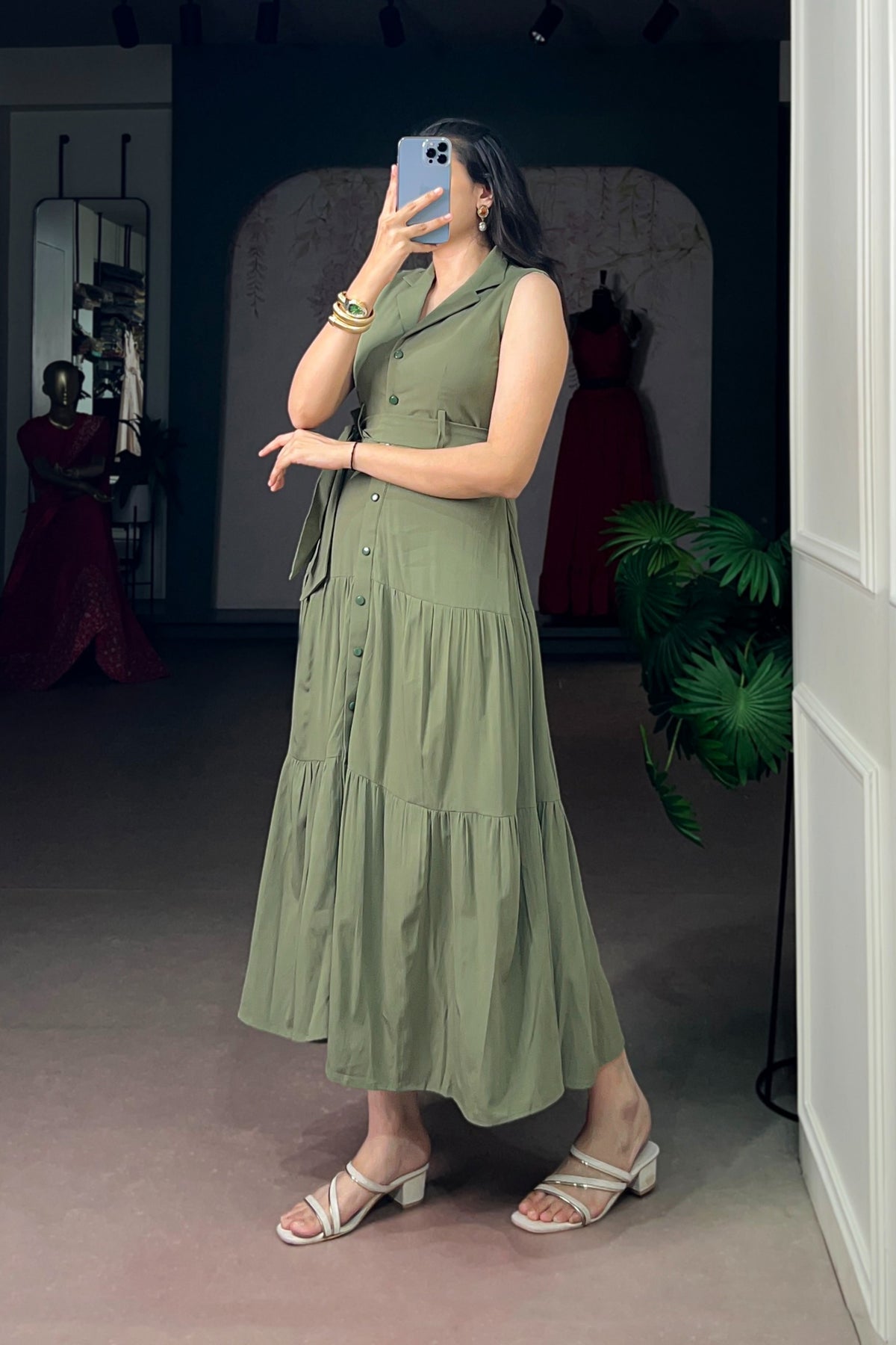 Olive Green Hemmer Silk Dress For Women