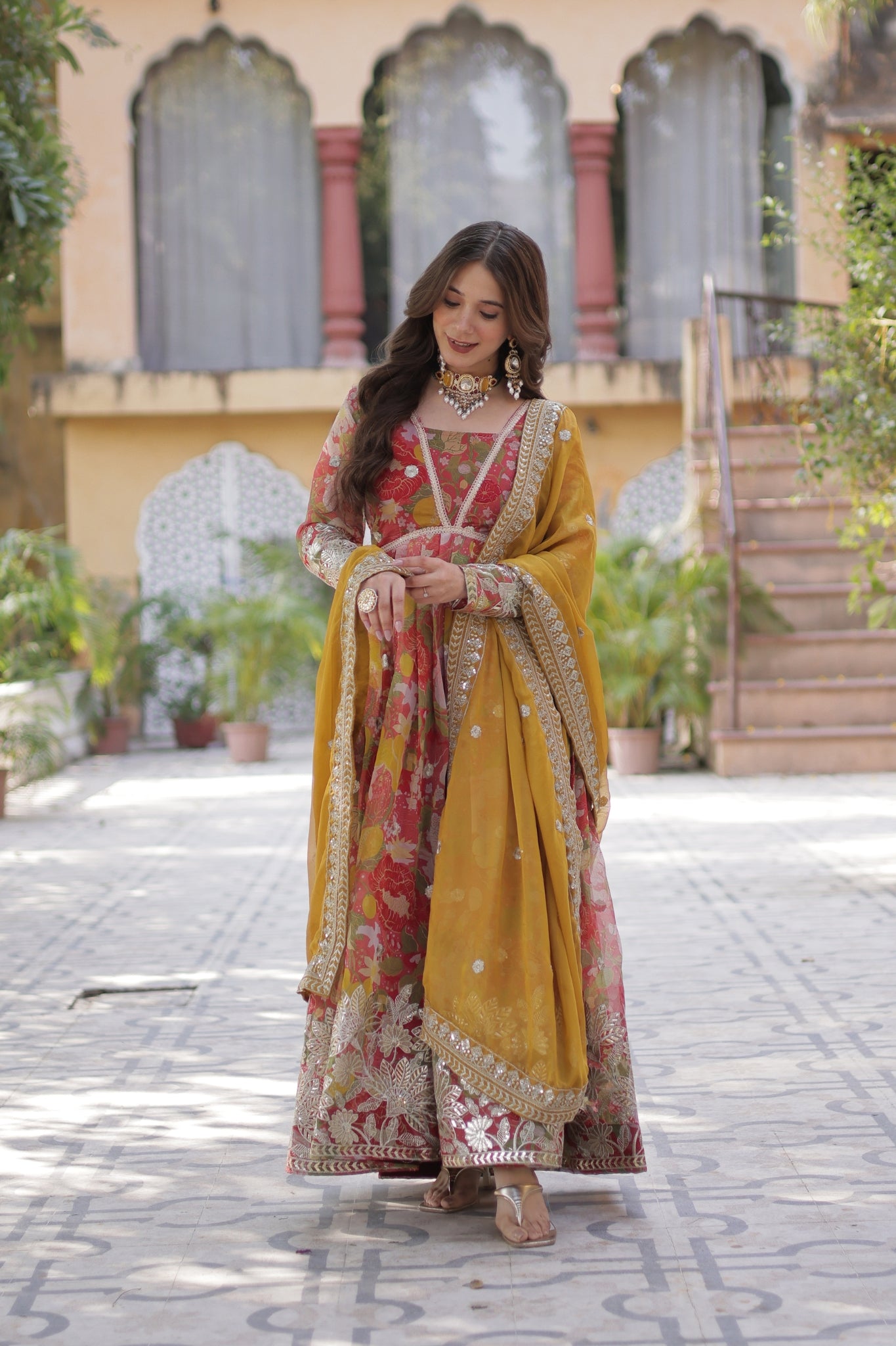 Designer Printed Gold Sequins Embroidered Work Anarkali Gown