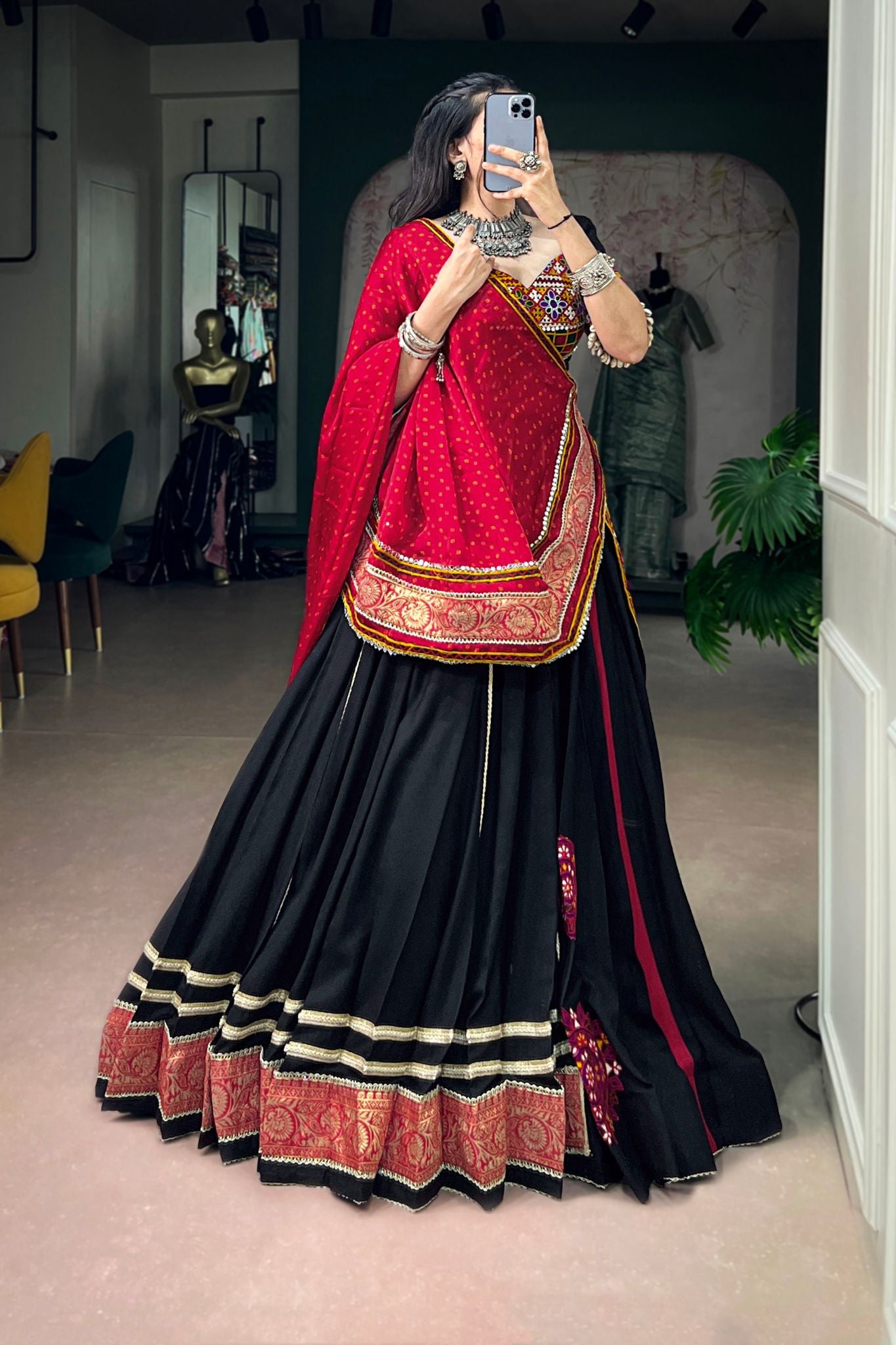 Raasrang Navratri Designer Black Lehenga Choli with Kutchi Embroidery & Bandhani Dupatta