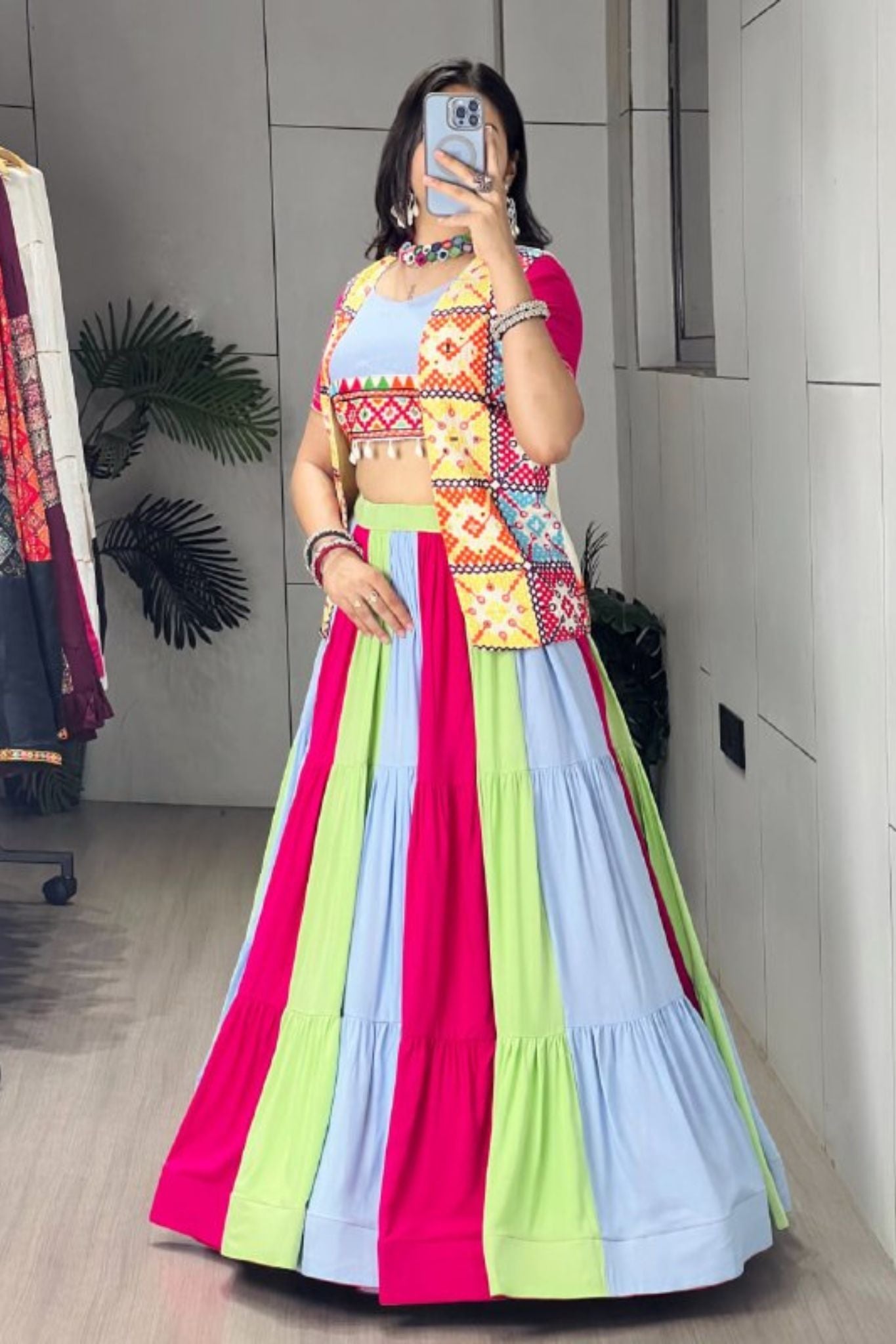 Raasrang Multicolor Cotton Navratri Designer Lehenga Choli With Mirror Work Koti