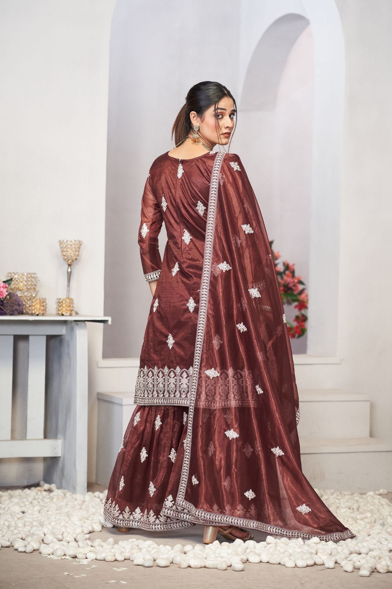 Brown Sequins Embroidered With Real Mirror Work Sharara Set Of 3