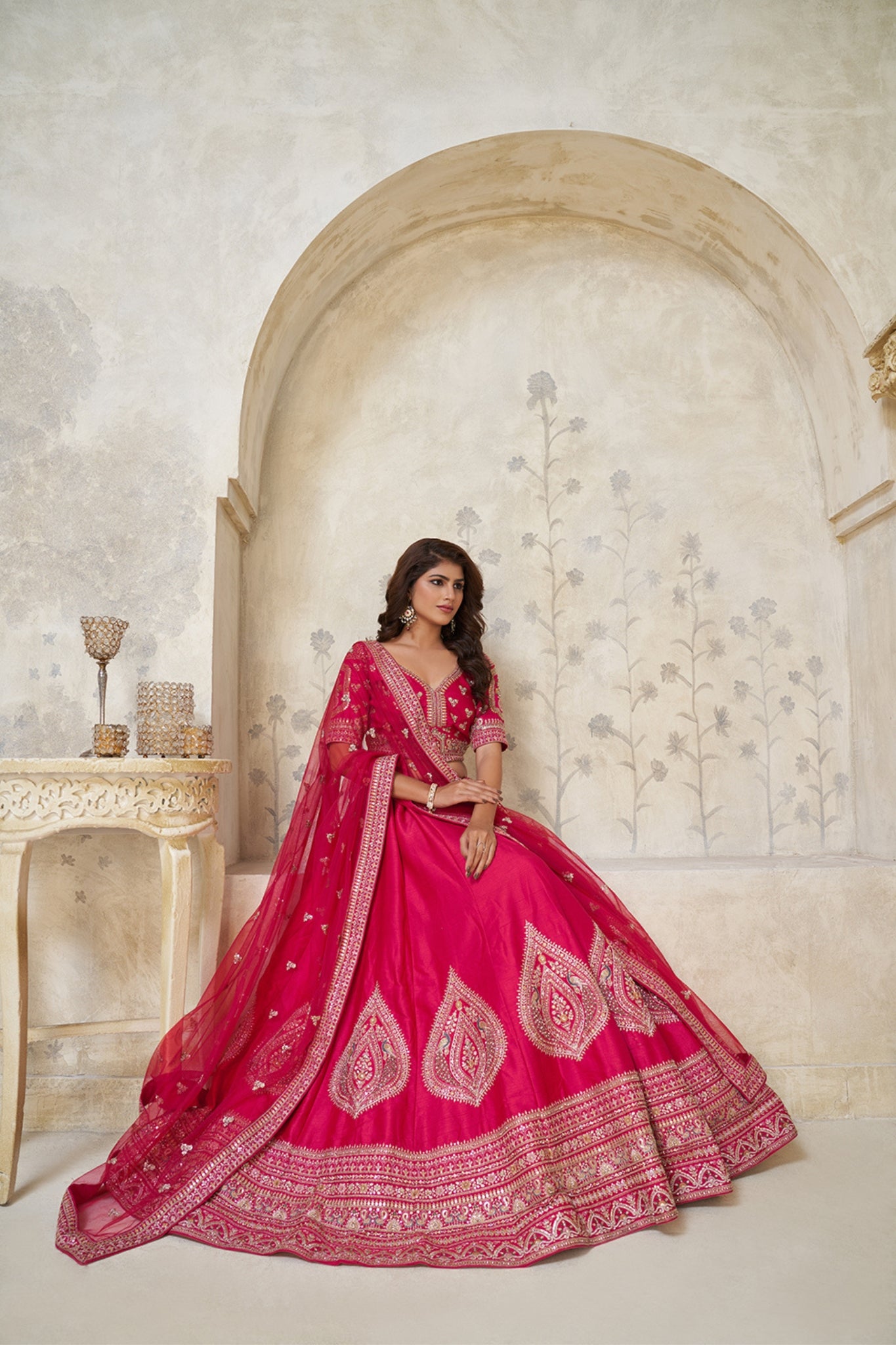 Crimson Elegance Minimalist Peacock And Leaf Motif Bridal Lehenga