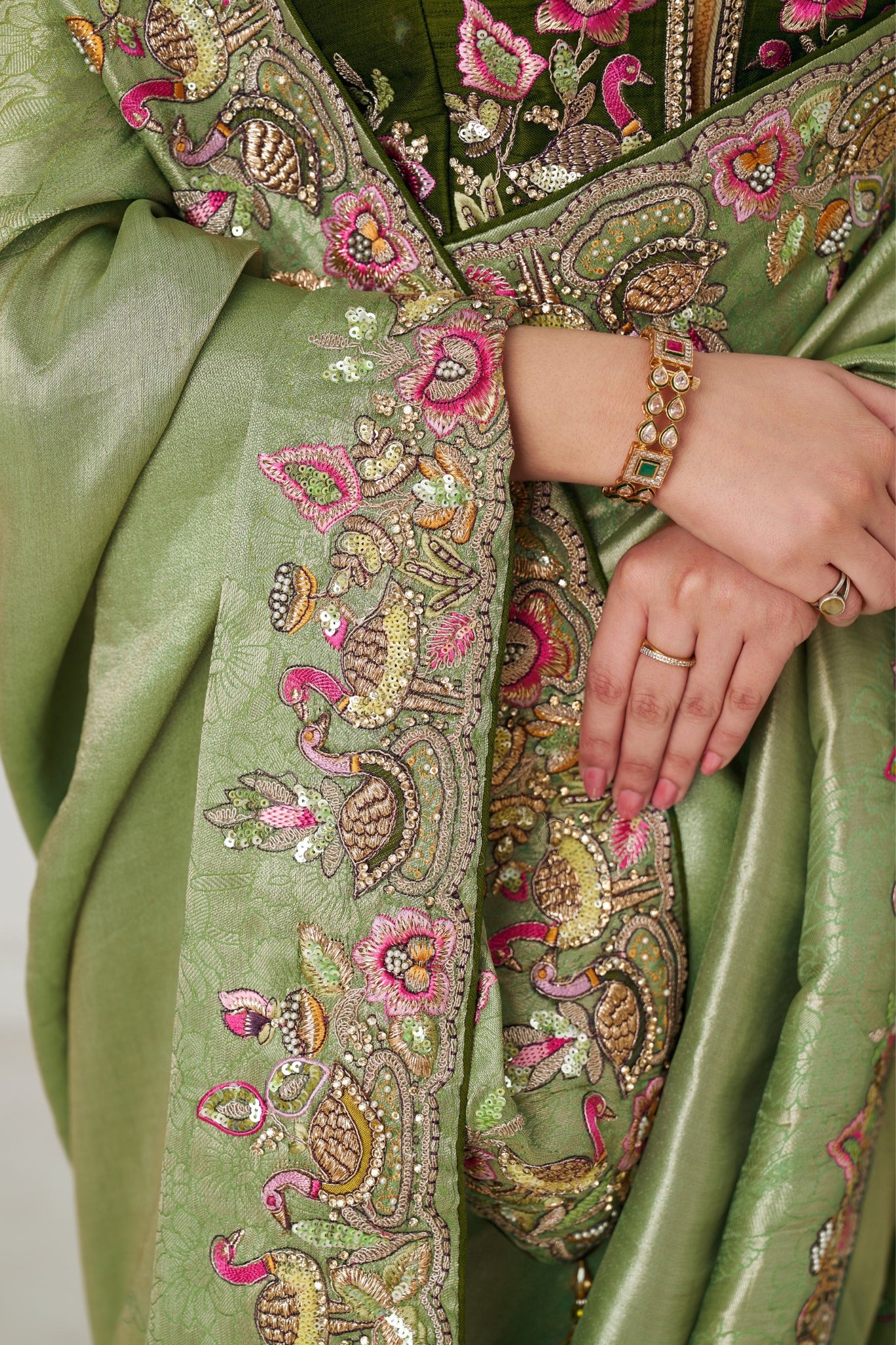 Mehndi Luxury Wedding Saree With Multi-Thread Bead Embroidery & Sequin Work