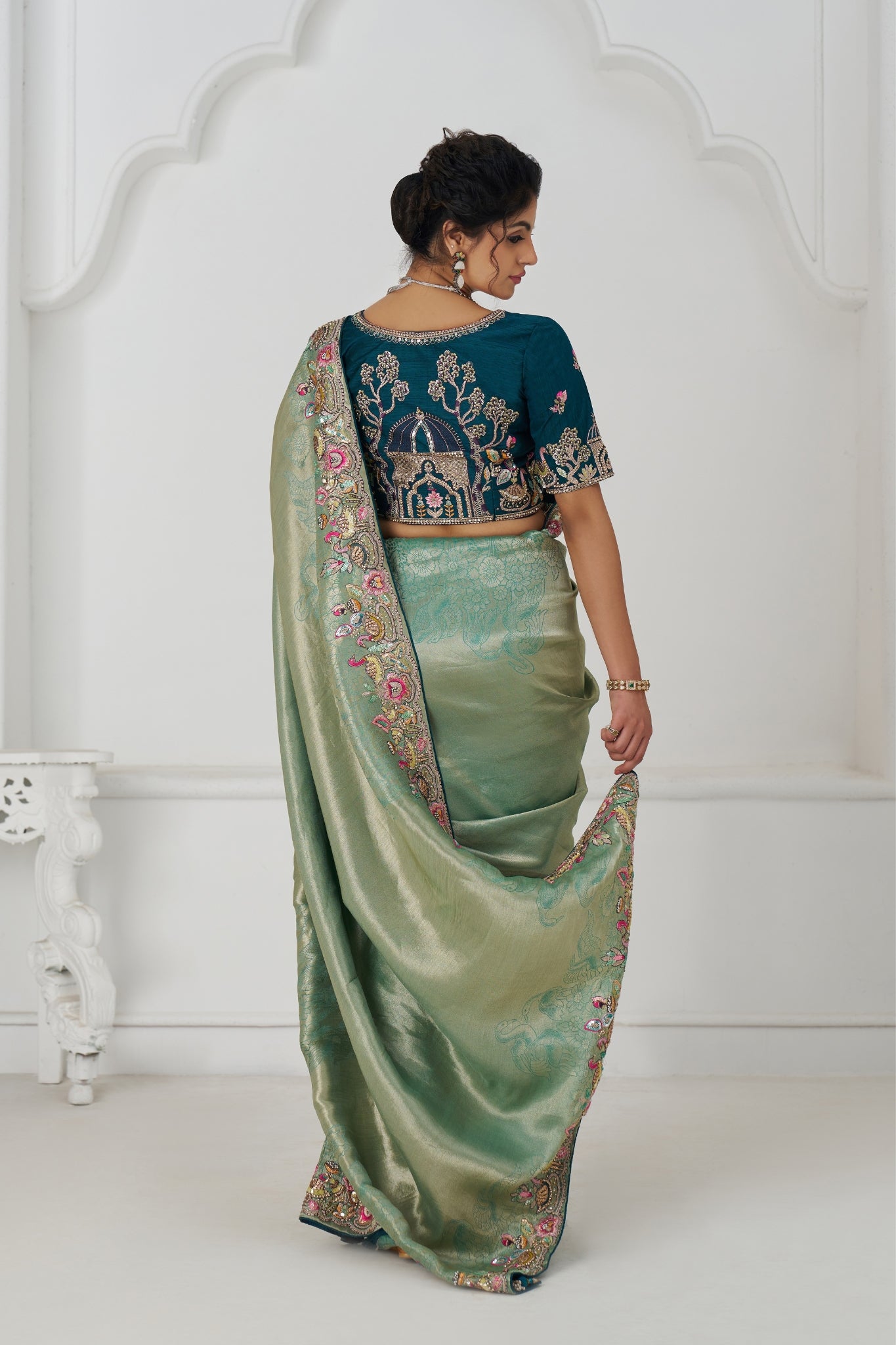 Green Luxury Wedding Saree With Multi-Thread Bead Embroidery & Sequin Work