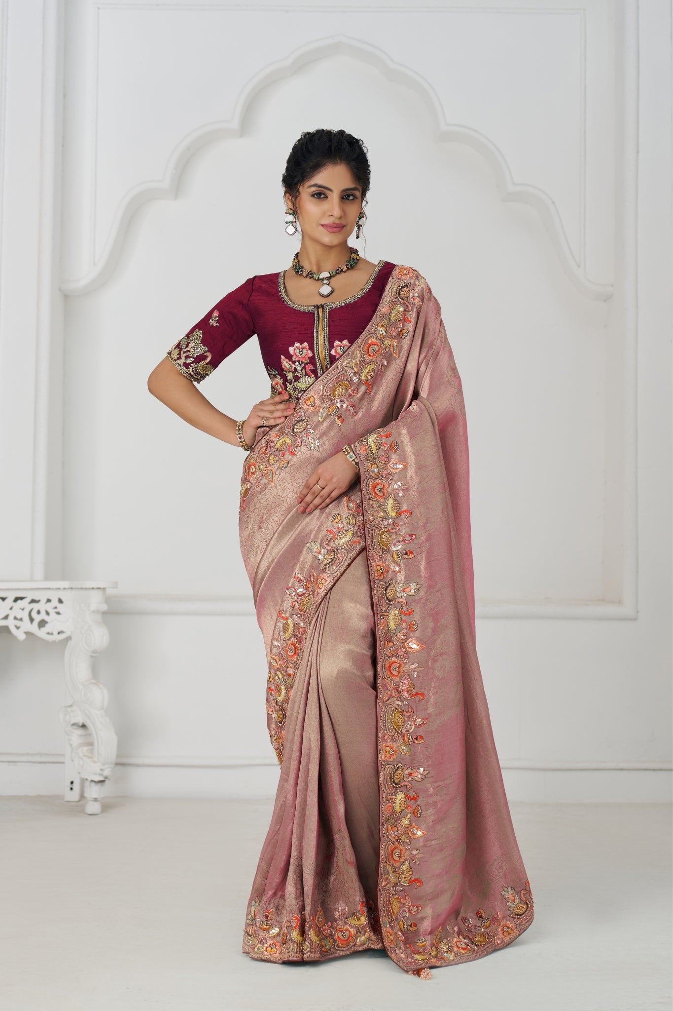 Pink Luxury Wedding Saree With Multi-Thread Bead Embroidery & Sequin Work