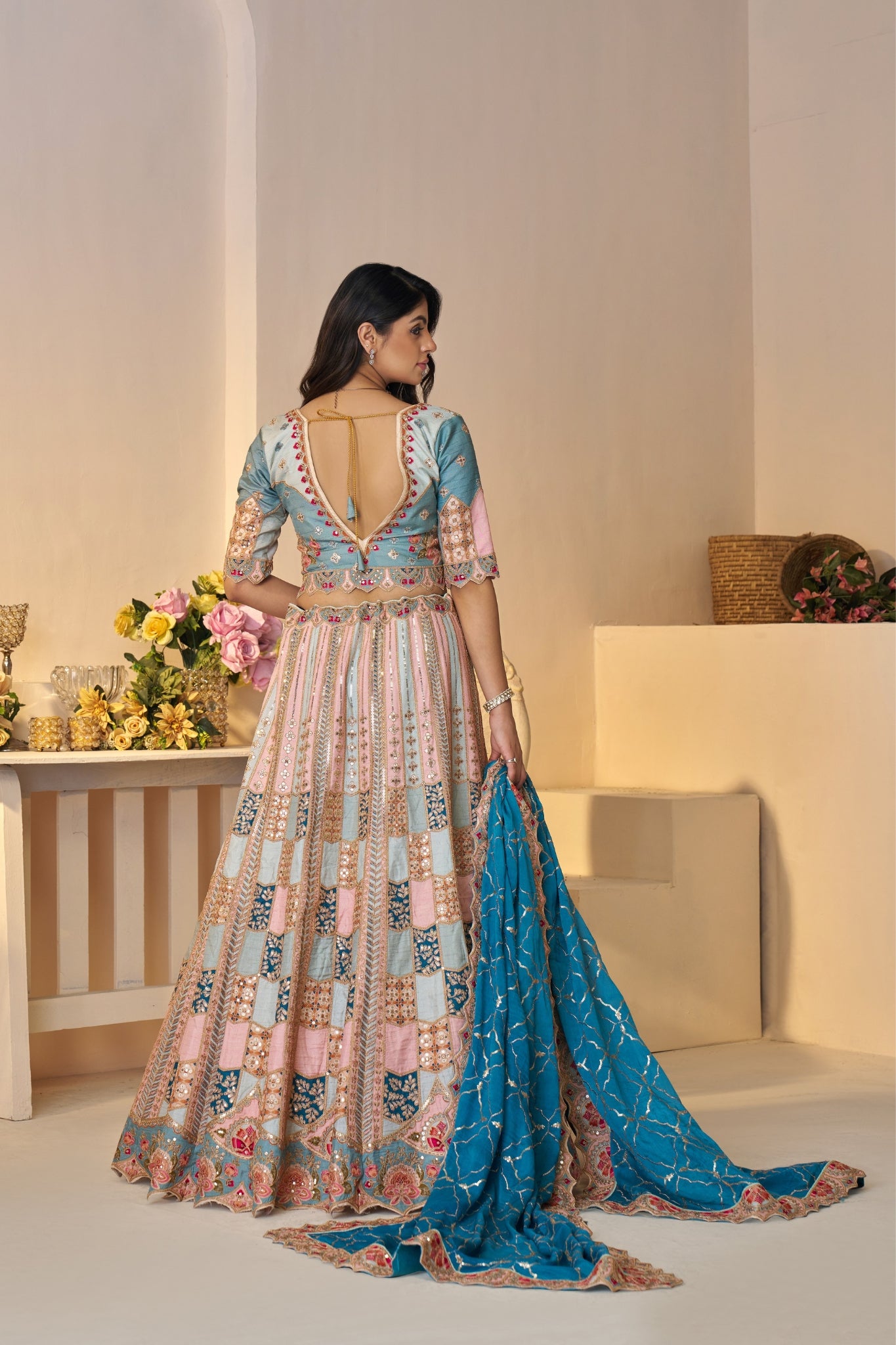 Beautiful Sky Blue Designer Printed With Sequins And Aari Work Wedding Lehenga Choli Set