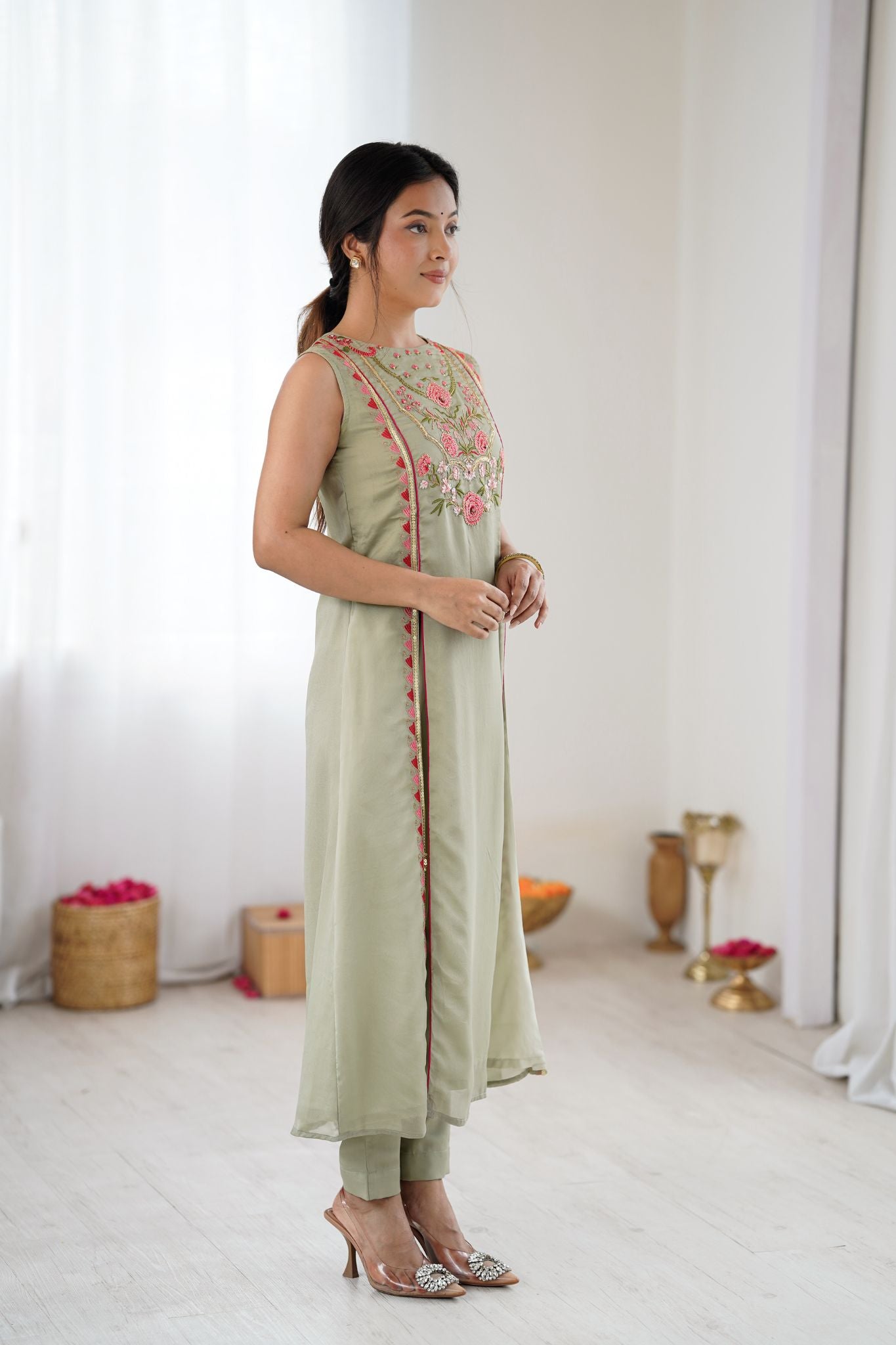 Sage Green Floral Embroidered Designer Kurta Pant Set For Women