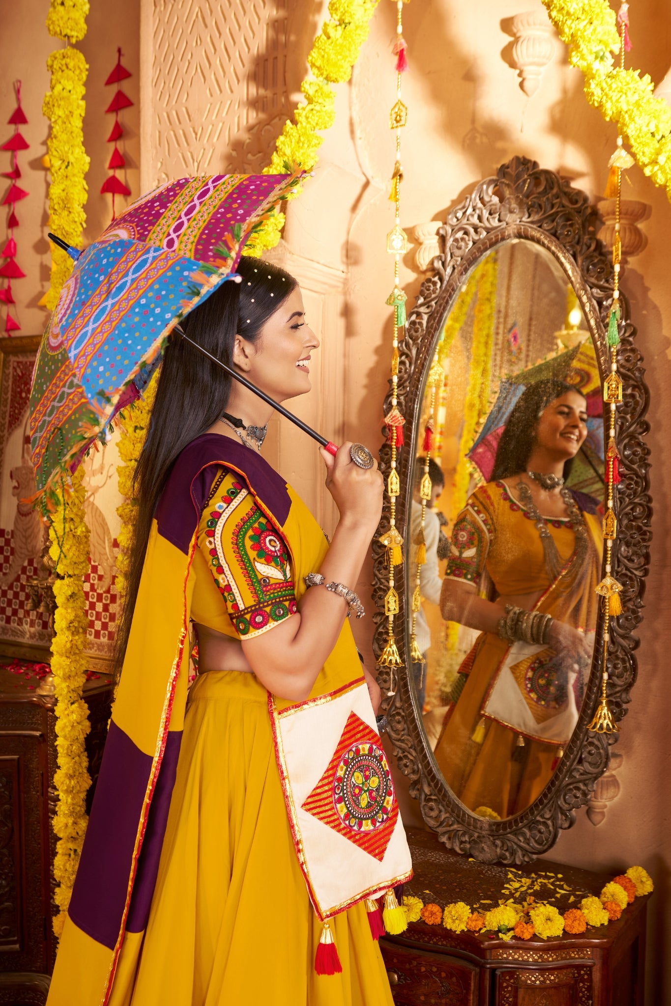 Mustard Yellow Viscose Cotton Traditional Designer Navratri Lehenga Choli