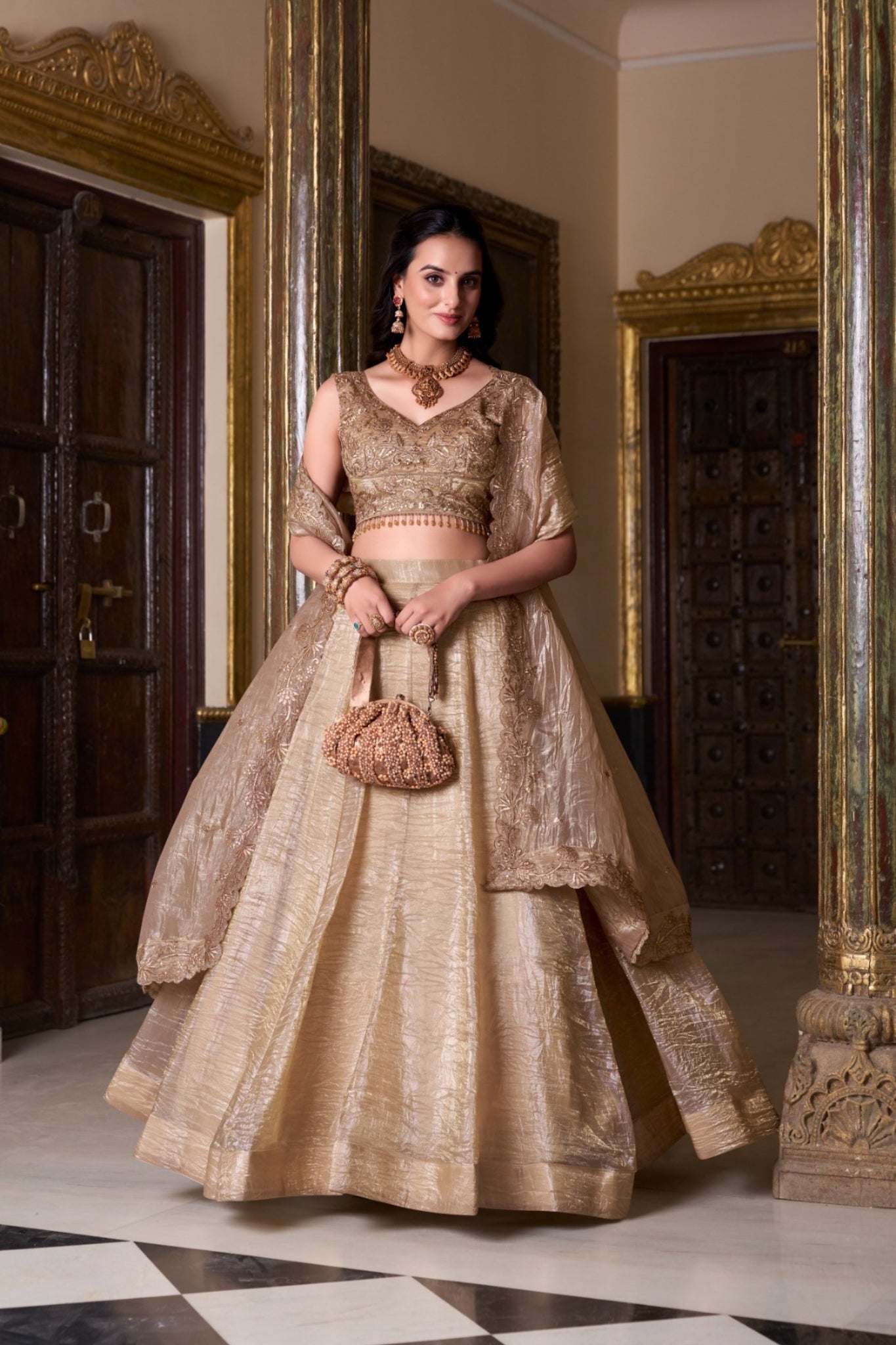 Embroidered Gold Crush Wedding Lehenga Set For Women