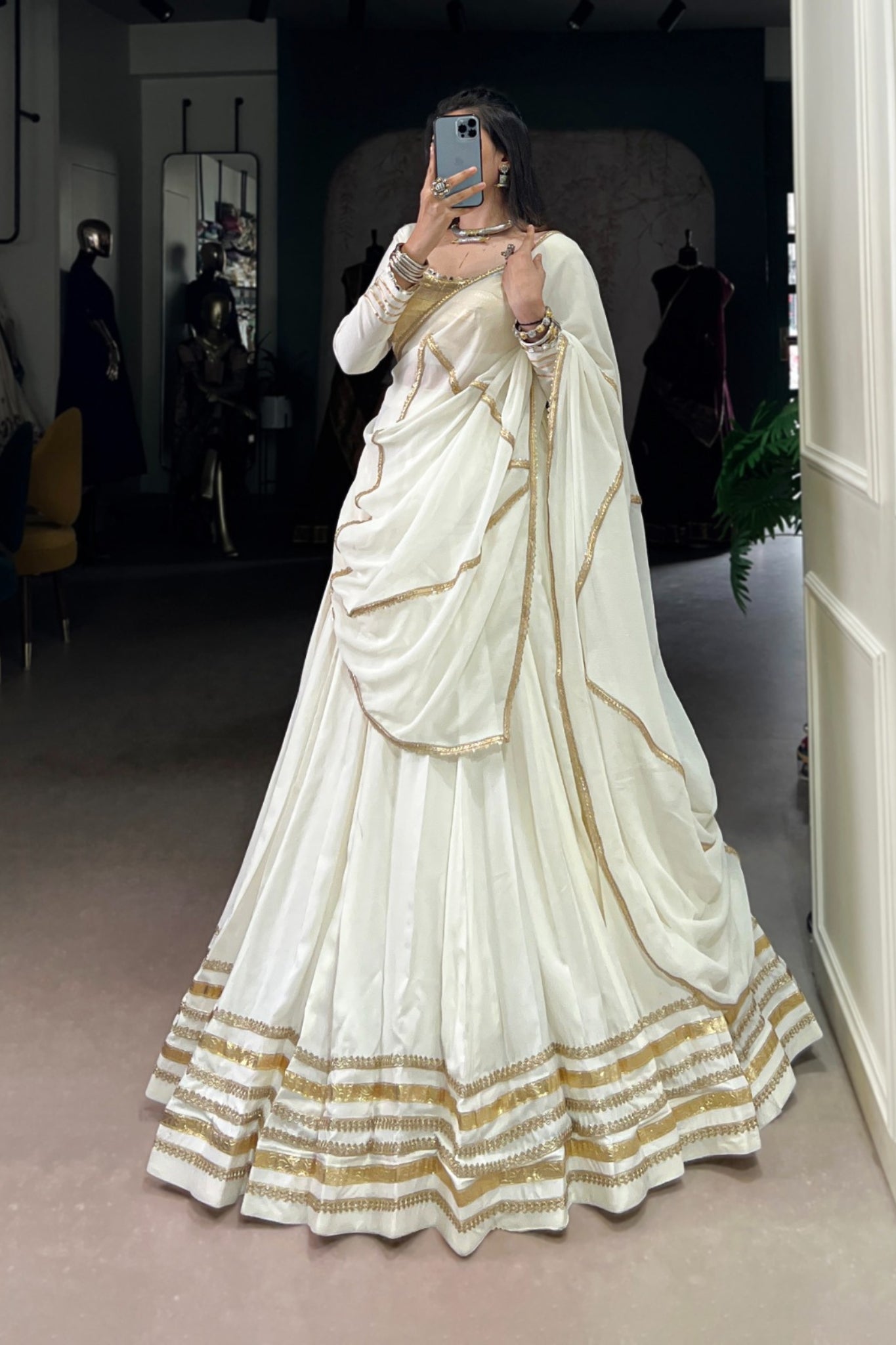 White Navratri Style Pure Rayon Embossed Design With Original Mirror Work Traditional Lehenga Choli Set