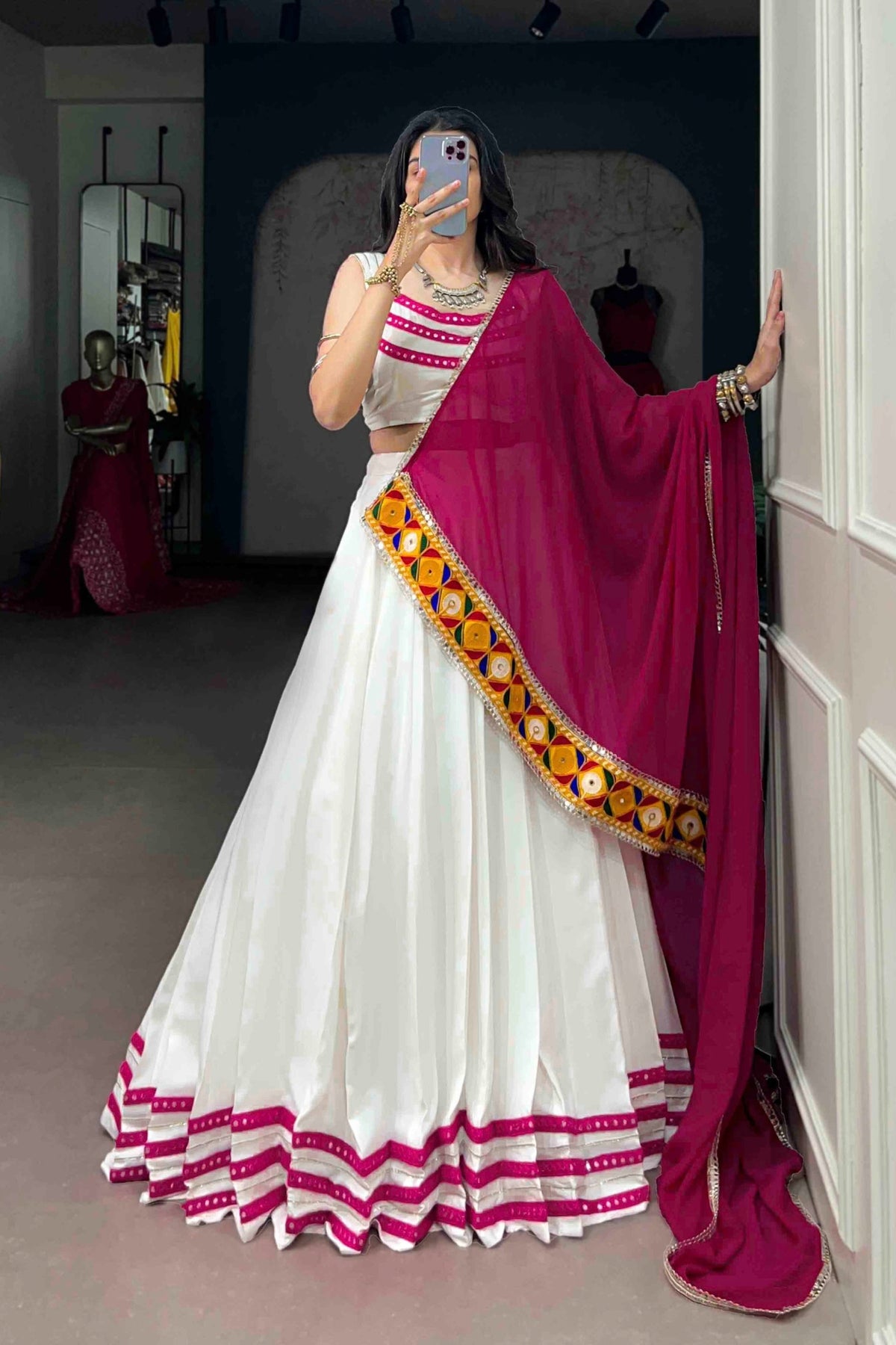 Rayon Navratri Designer White & Rani Pink Gamthi Lace Mirror Work Lehenga Choli With Dupatta