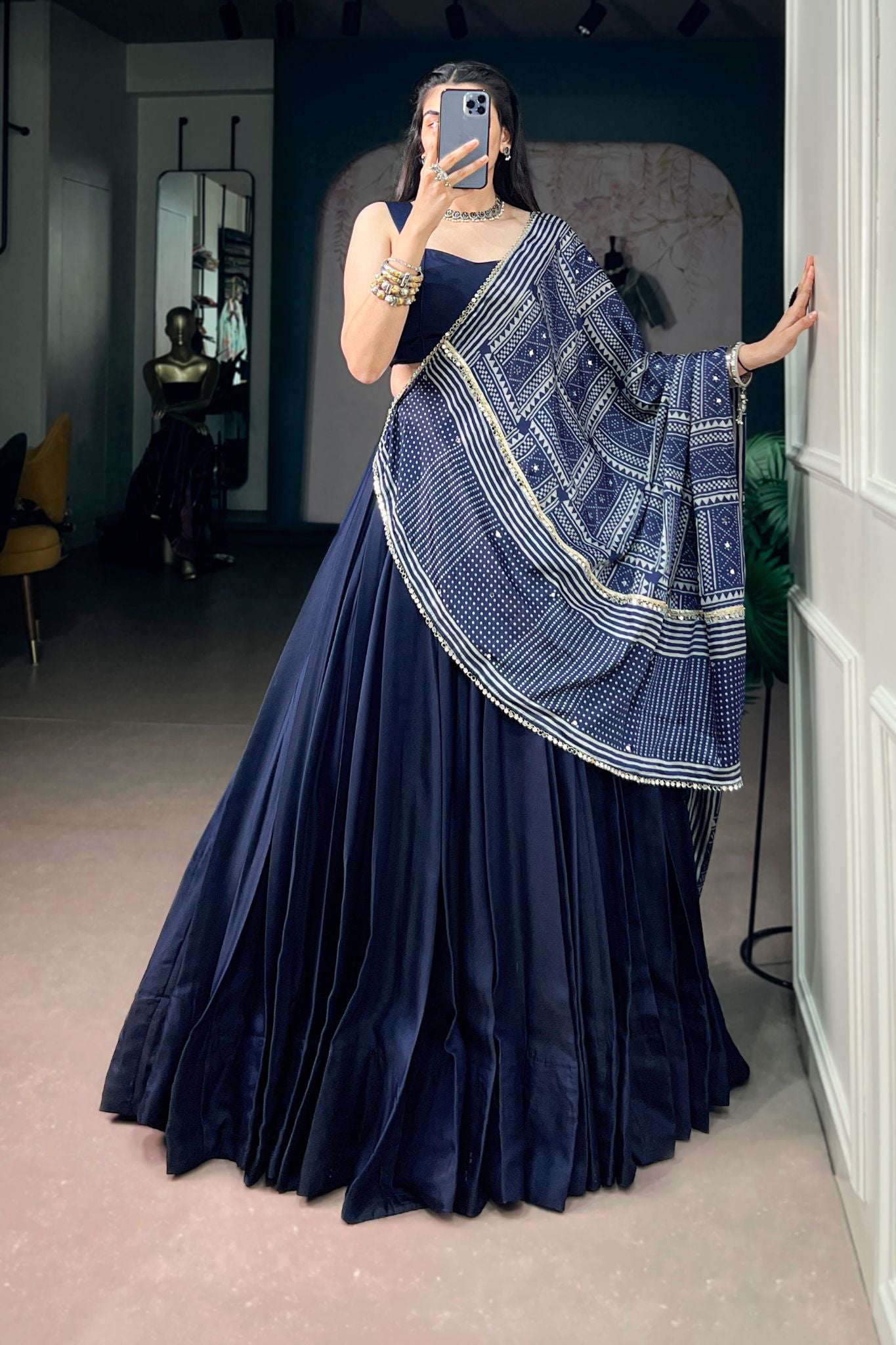 Navy Blue Navratri Designer Lehenga Choli With Printed Satin Dupatta