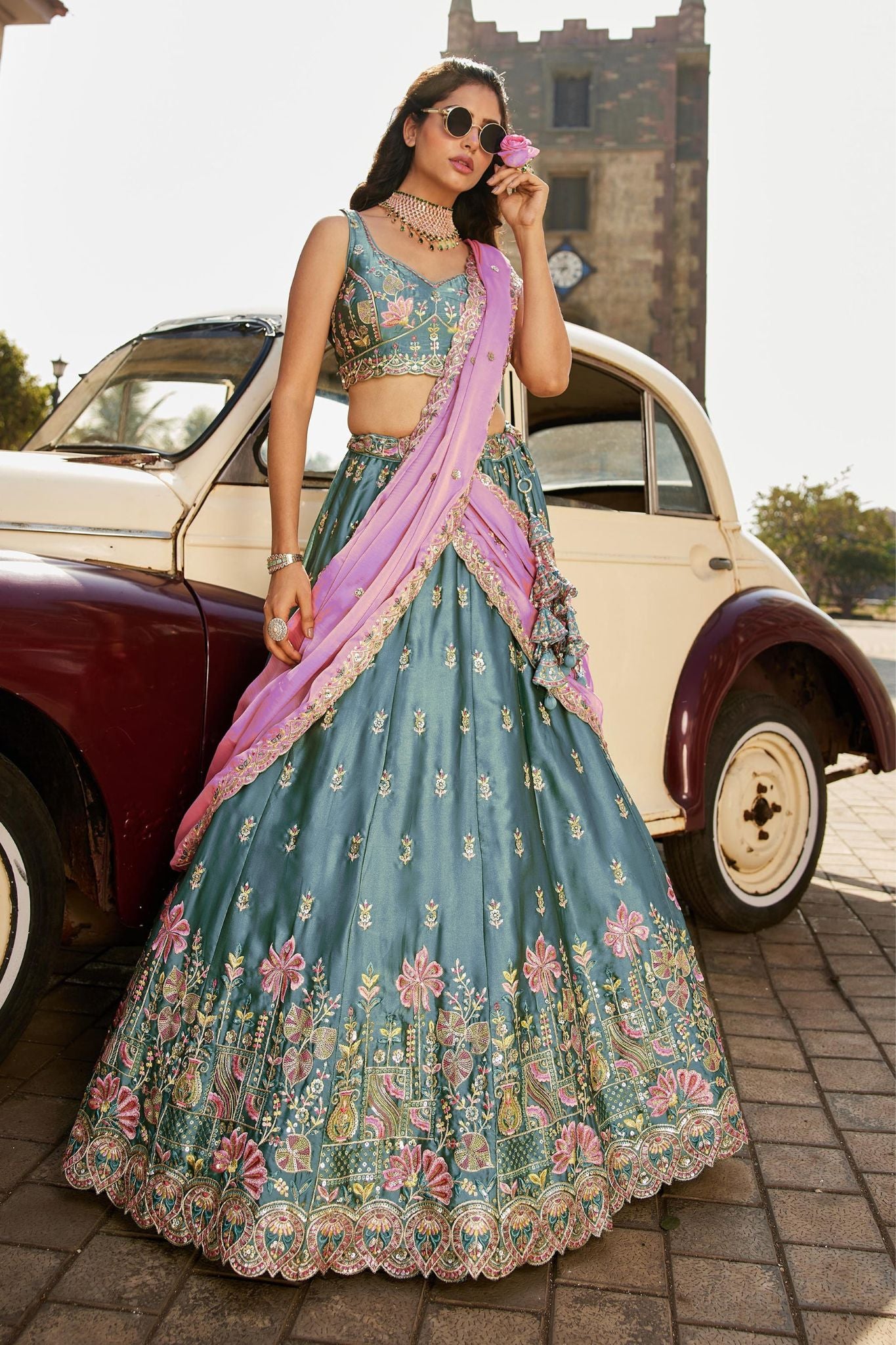 Teal Blue Rangoli Silk Designer Lehenga Choli With Pink Embroidered Dupatta