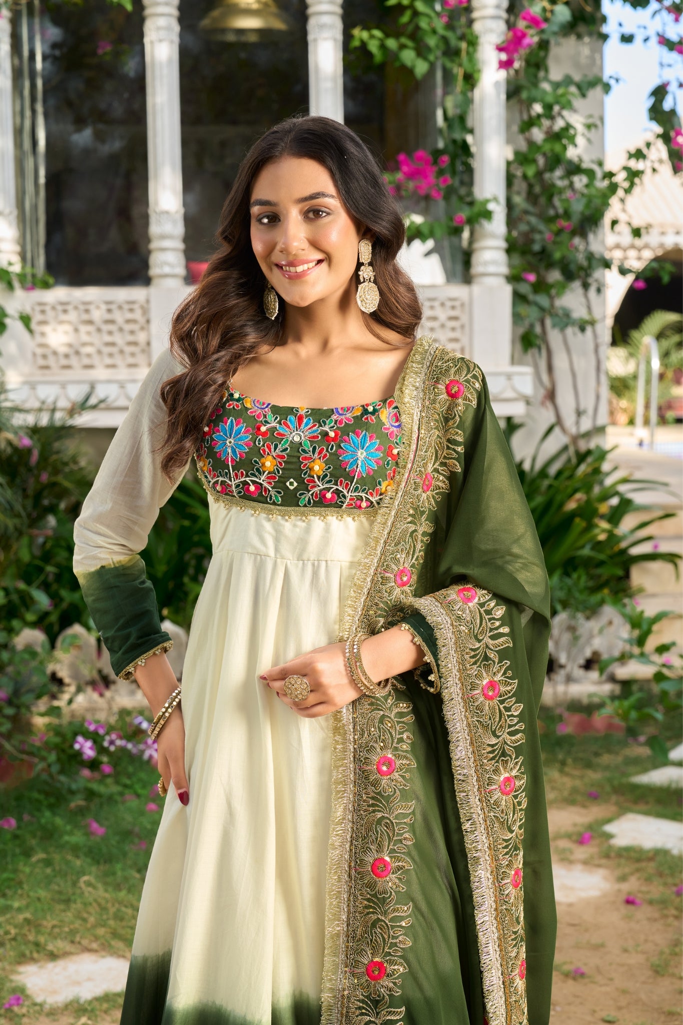 Designer Mul Chanderi Anarkali Suit Set With Palazzo Dupatta For Women