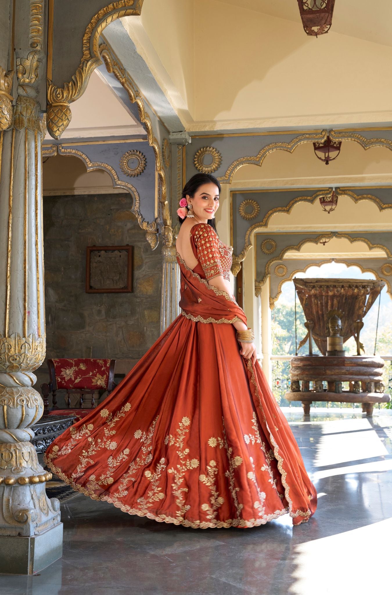 Orange Color Rangoli Silk Sequins And Thread Embroidery Work Lehenga Choli For Woman