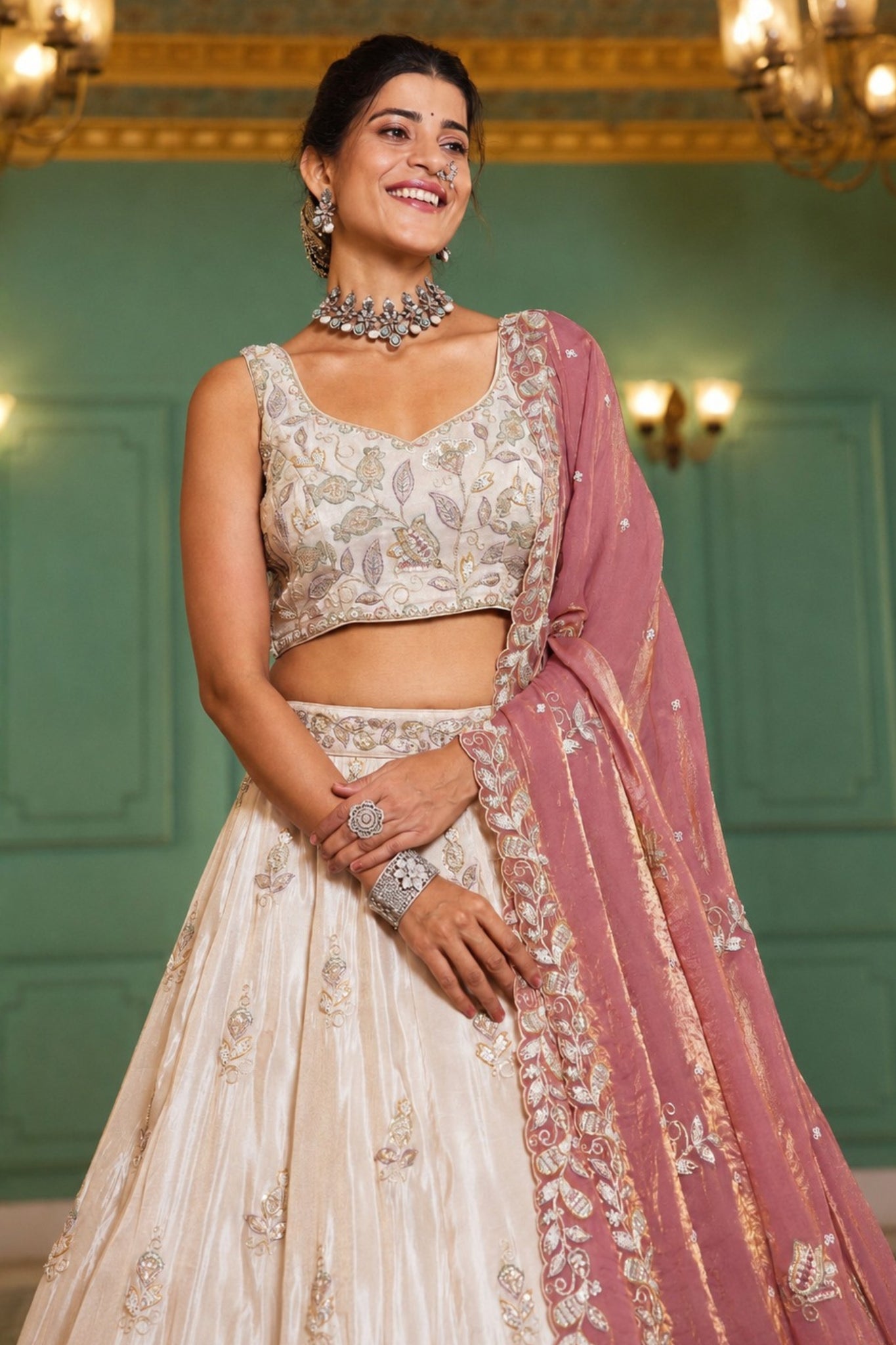 Premium Pure Tissue Ivory Cream Designer Lehenga Choli With Pink Fendi Dupatta