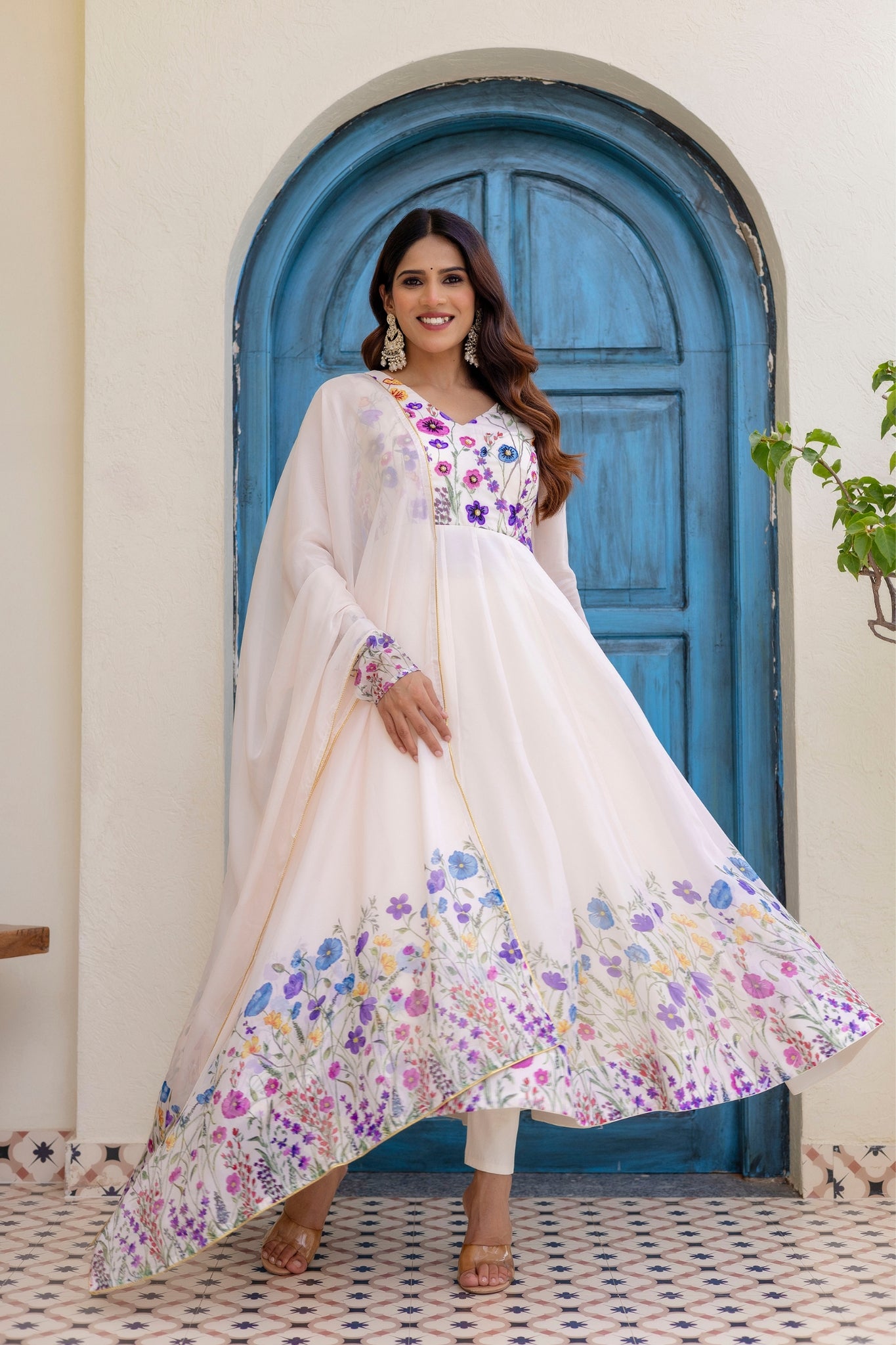 Ivory Floral Printed Organza Anarkali Set With Dupatta