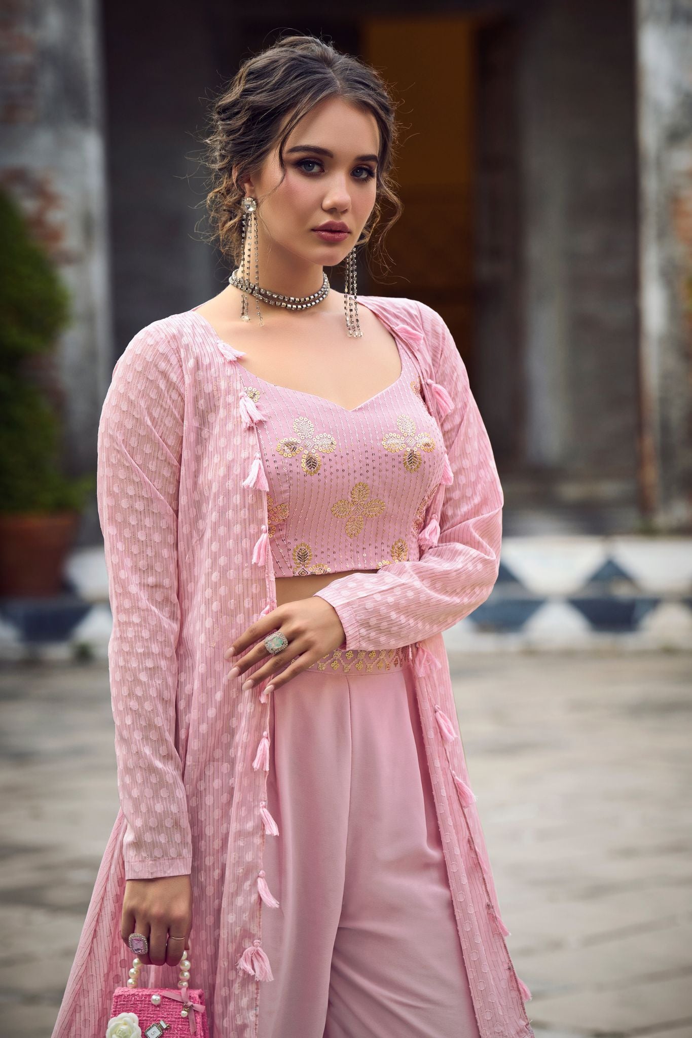 Dusty Pink Georgette Designer Embroidered Readymade Suit Set