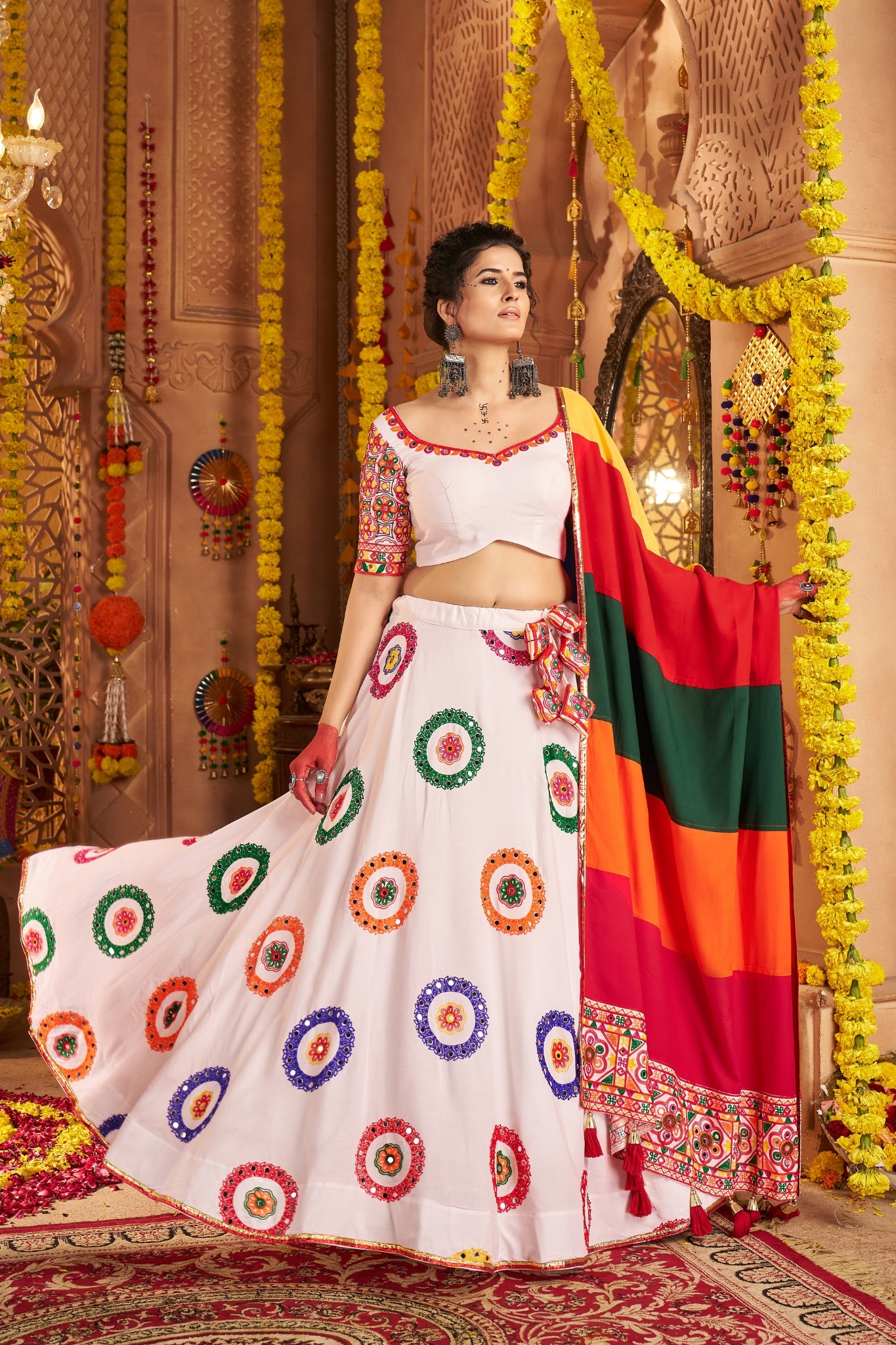 Viscose Cotton Elegant Thread Embroidered With Mirror Work Traditional Navratri Lehenga Choli