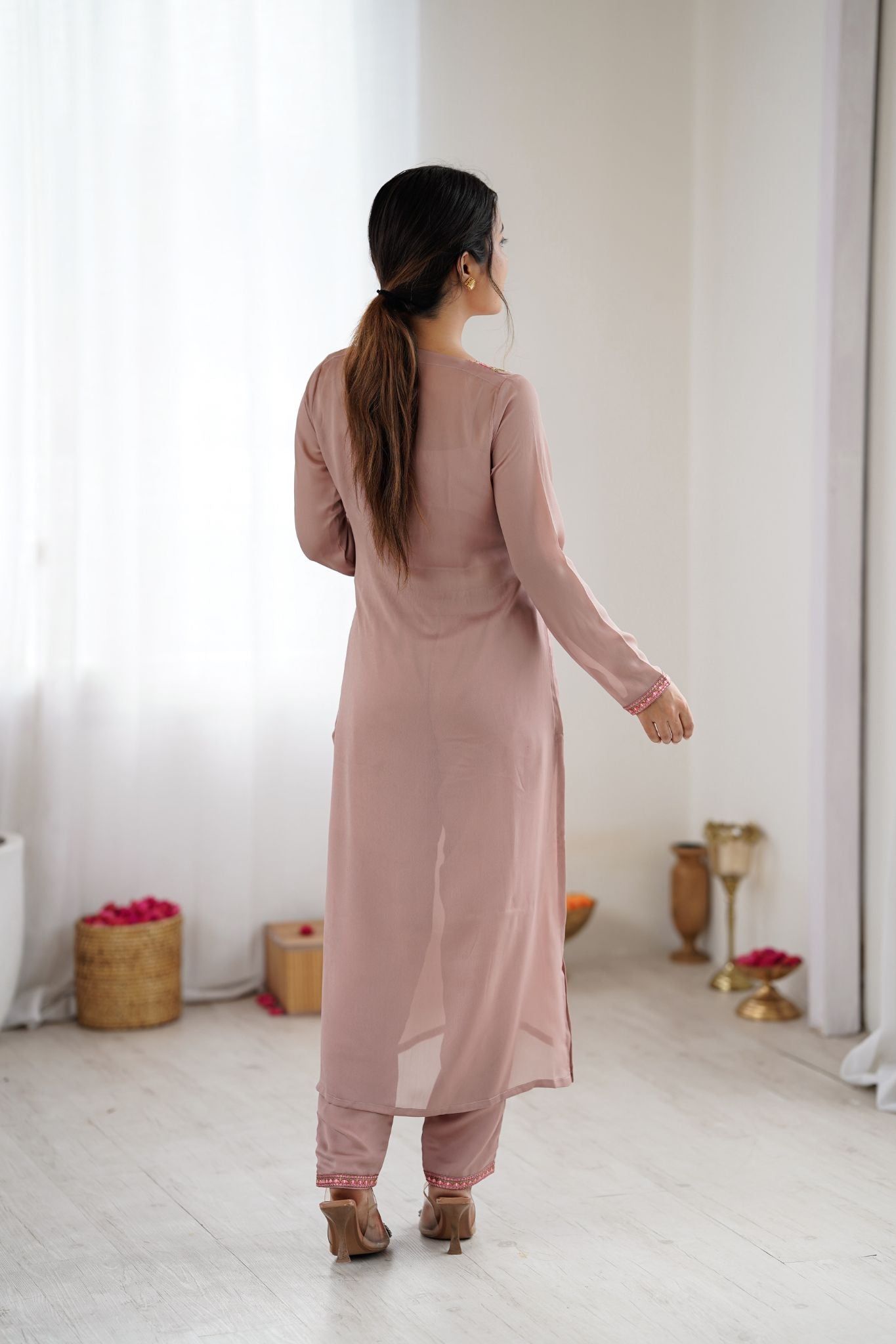 Dusty Rose Floral Embroidered Designer 3 Piece Co-Ord Set for Women