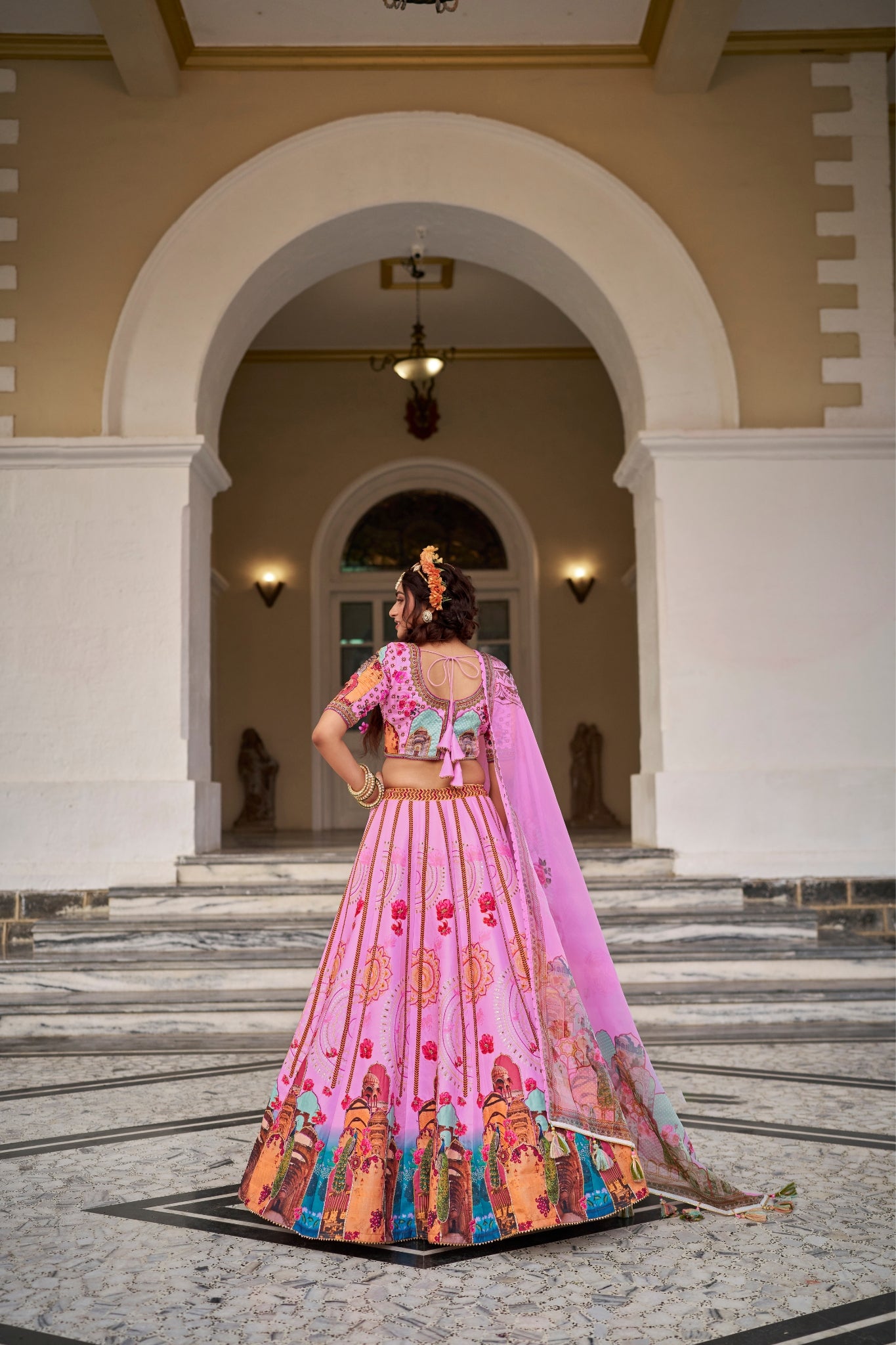 Royal Pink Art Silk Digital Print Lehenga Set With Handwork And Organza Dupatta