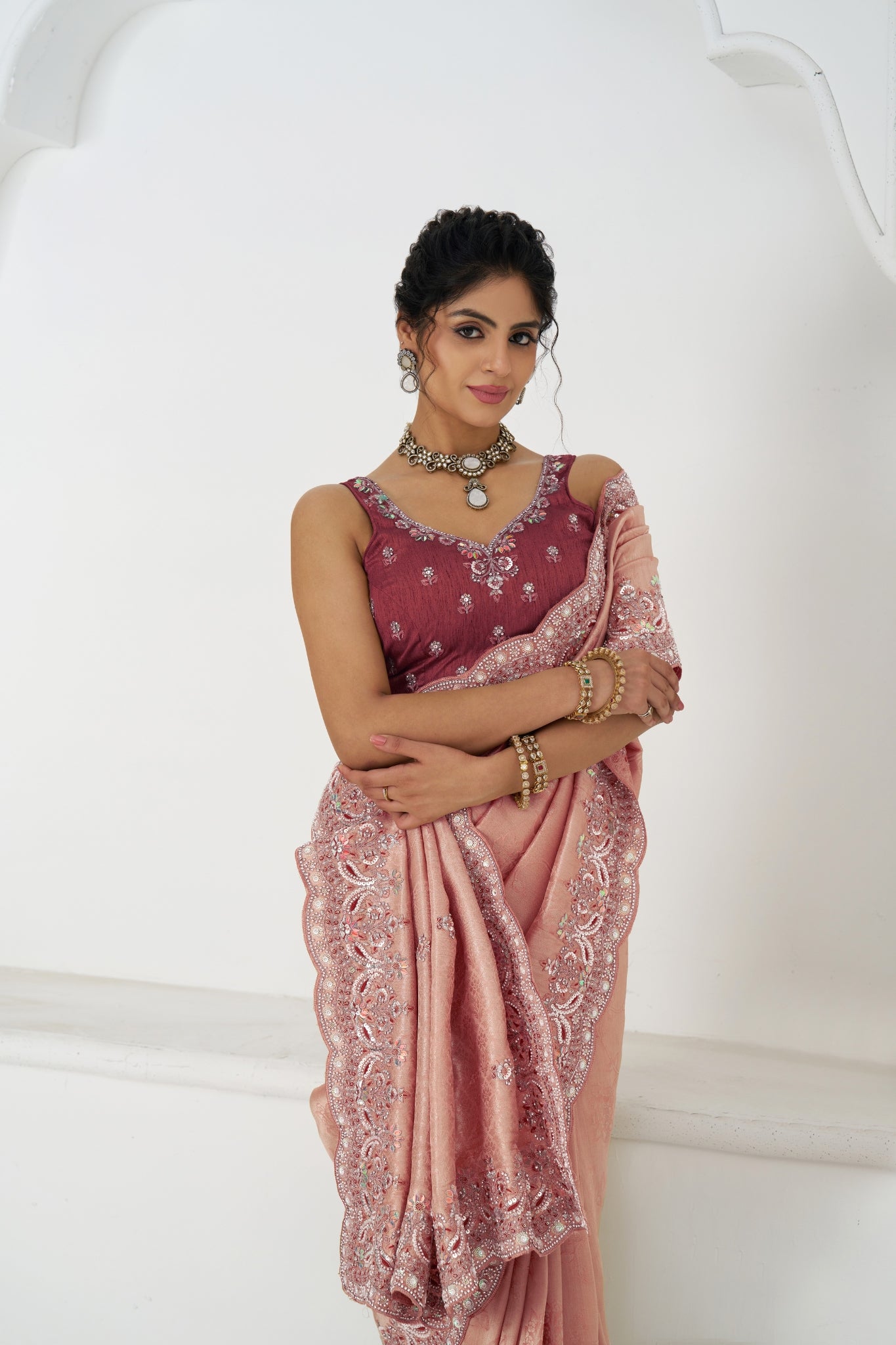 Pink Dola Viscose Silk Saree For Wedding With Beads Embroidery & Sequins Work