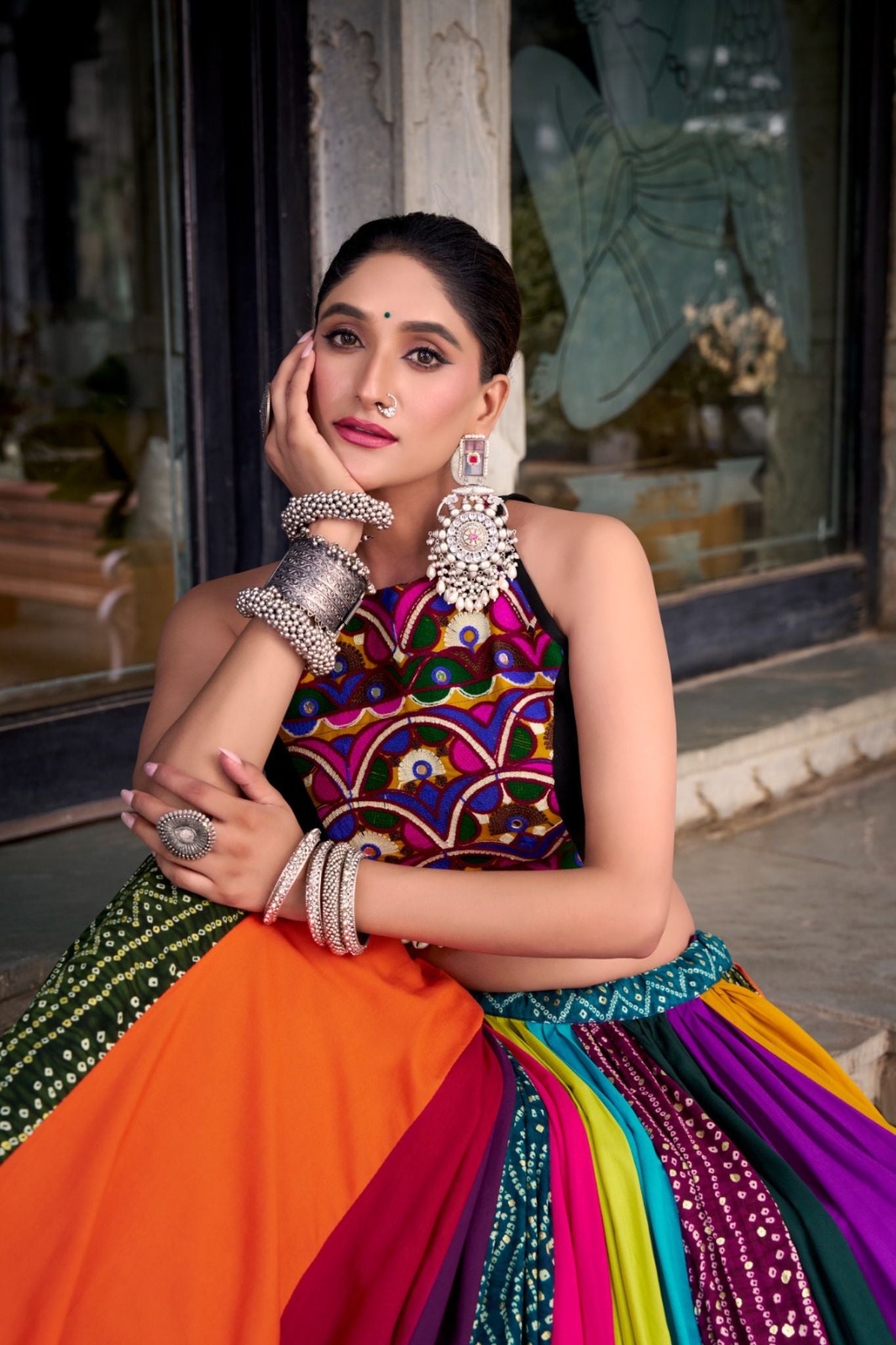 Rainbow Designer Pre Rayon Original Mirror With Gamthi Work Navratri Lehenga Choli