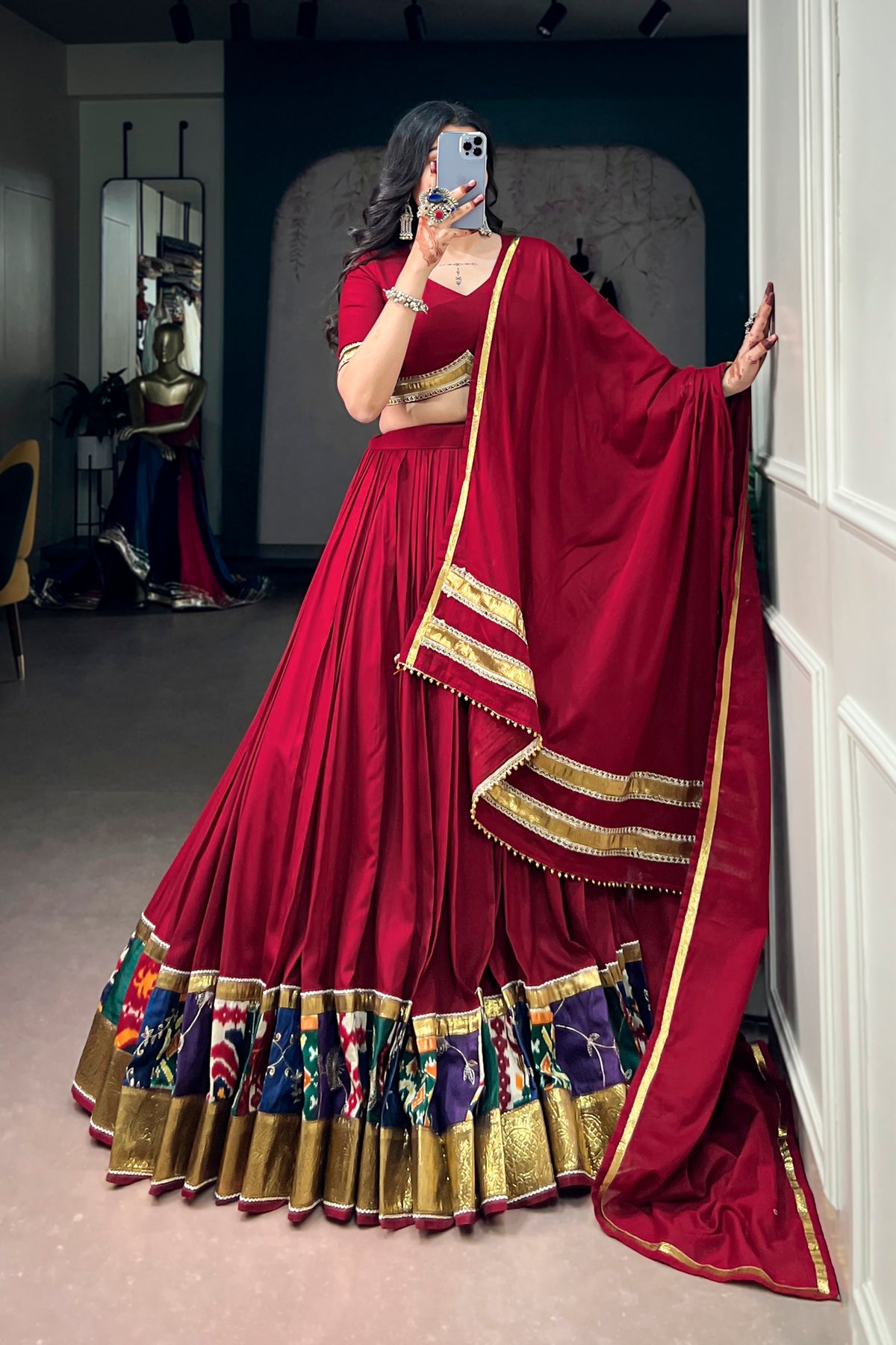 Maroon Rayon Designer Lehenga Choli With Multicolor Ikat Print Border