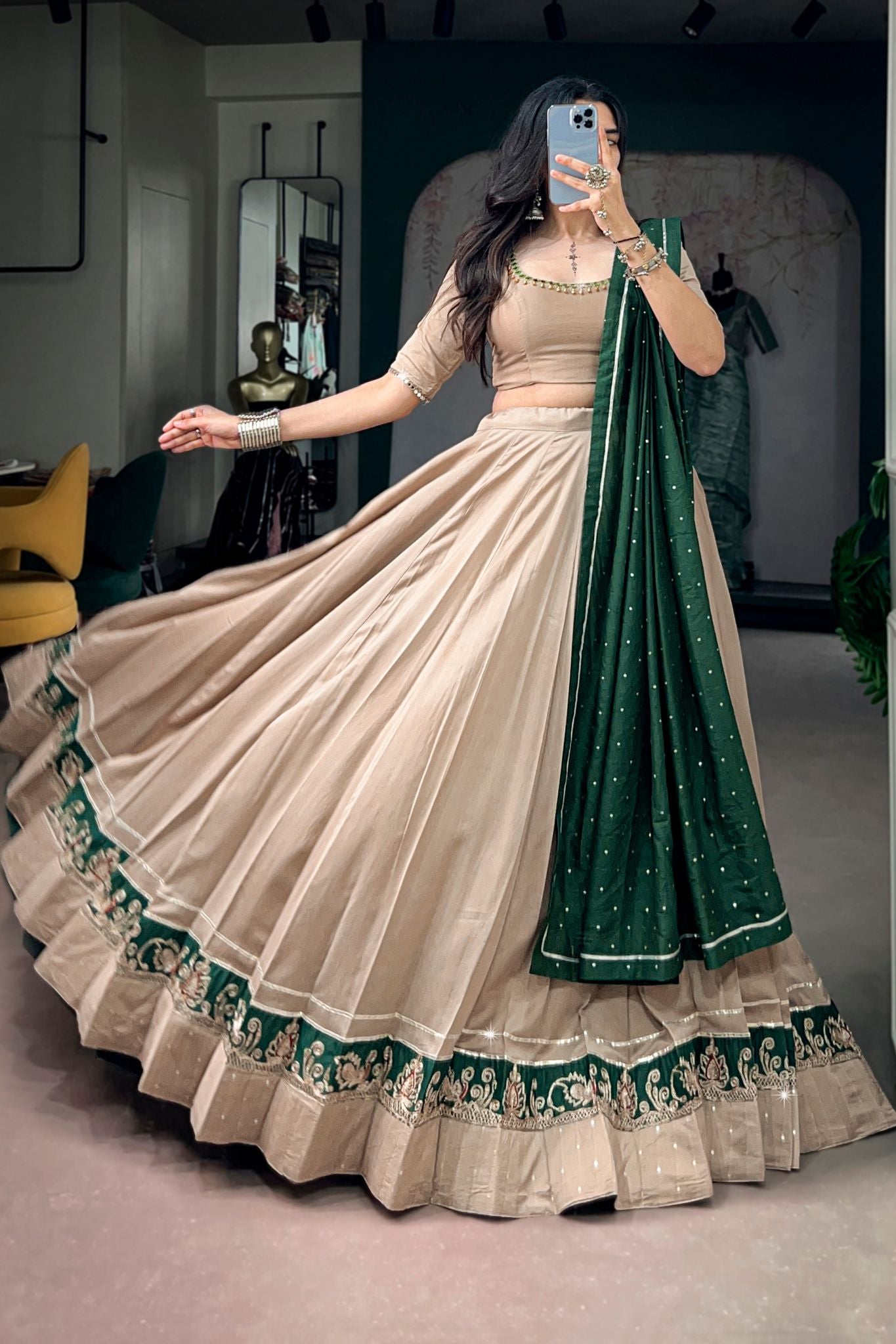 Raasrang Beige Chanderi Designer Navratri Lehenga Choli For Women