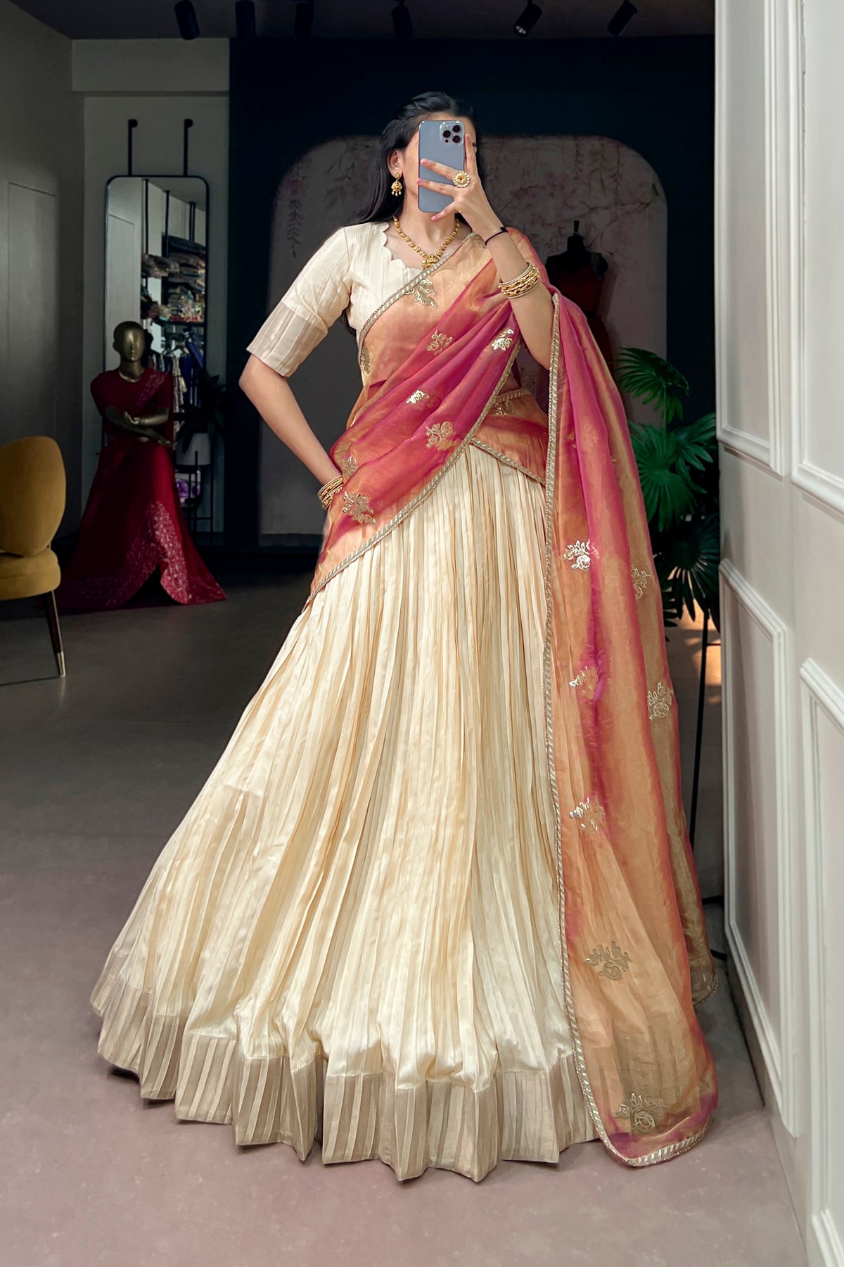Designer Pleated Poly Kotha Tasar Lehenga Choli For Festive & Wedding Wear
