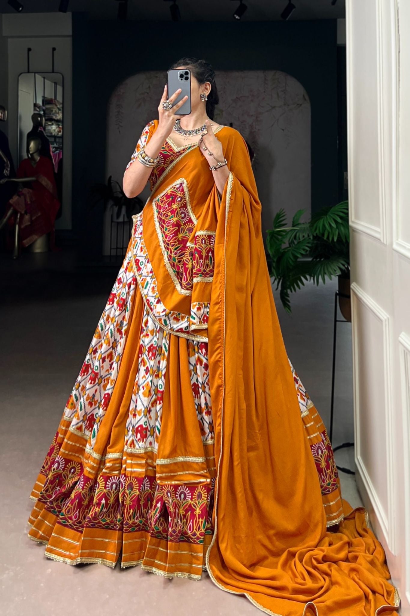Mustard Rayon With Patola Print Silk Designer Gamthi Work Classic Lehenga Choli