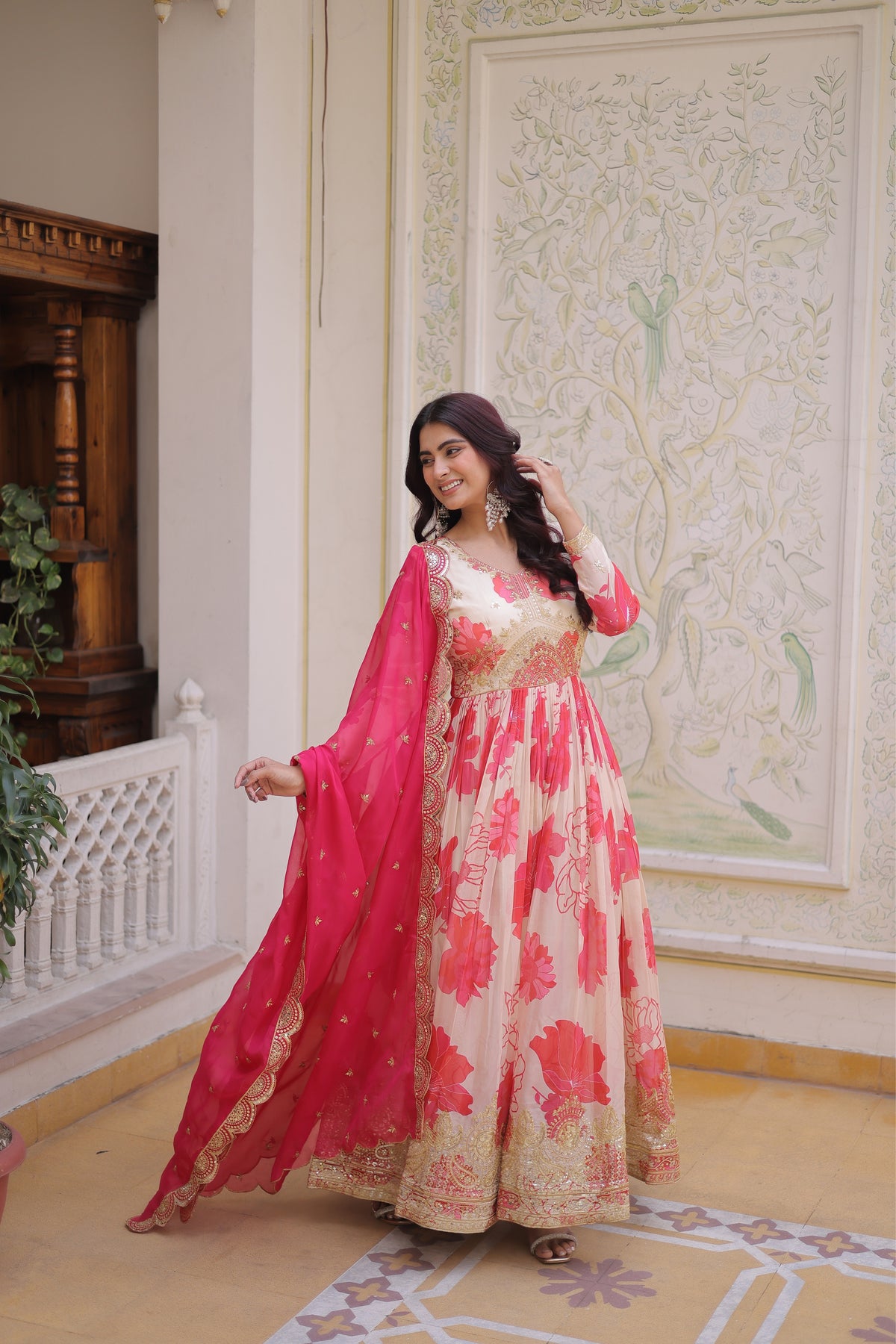 Designer Pink Floral Anarkali Gown with Dupatta Set