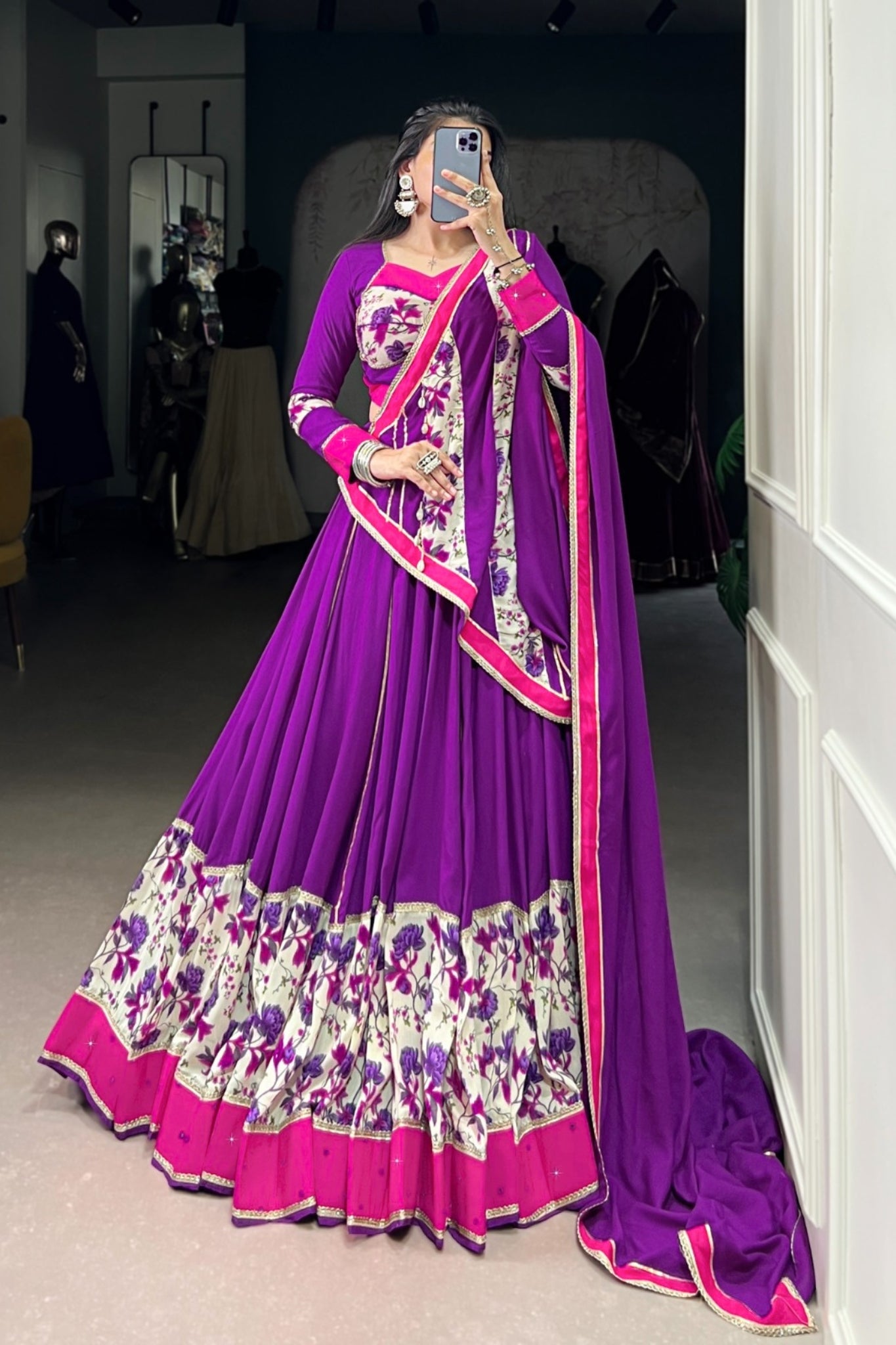 Purple Pure Rayon Printed With Original Mirror Hand Work Navratri Lehenga Choli