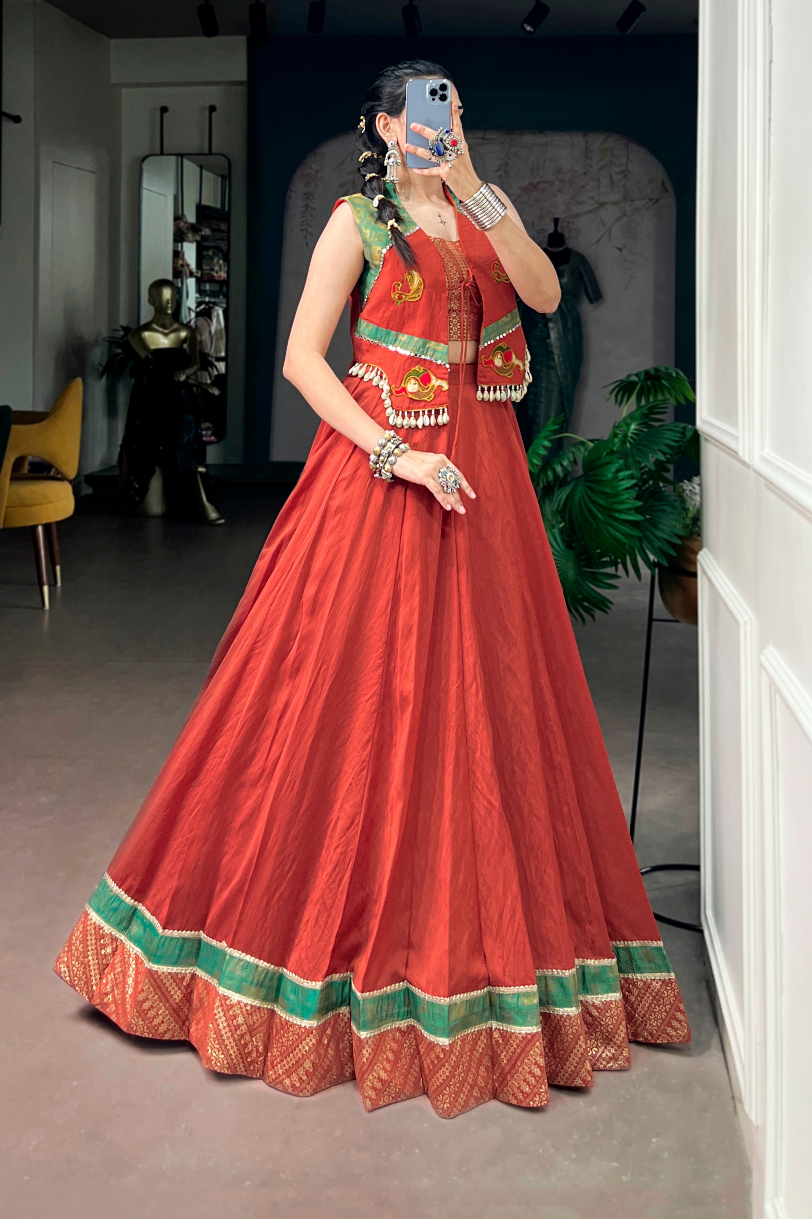 Raasrang Special Navratri Designer Pure Chanderi Rust Lehenga Choli