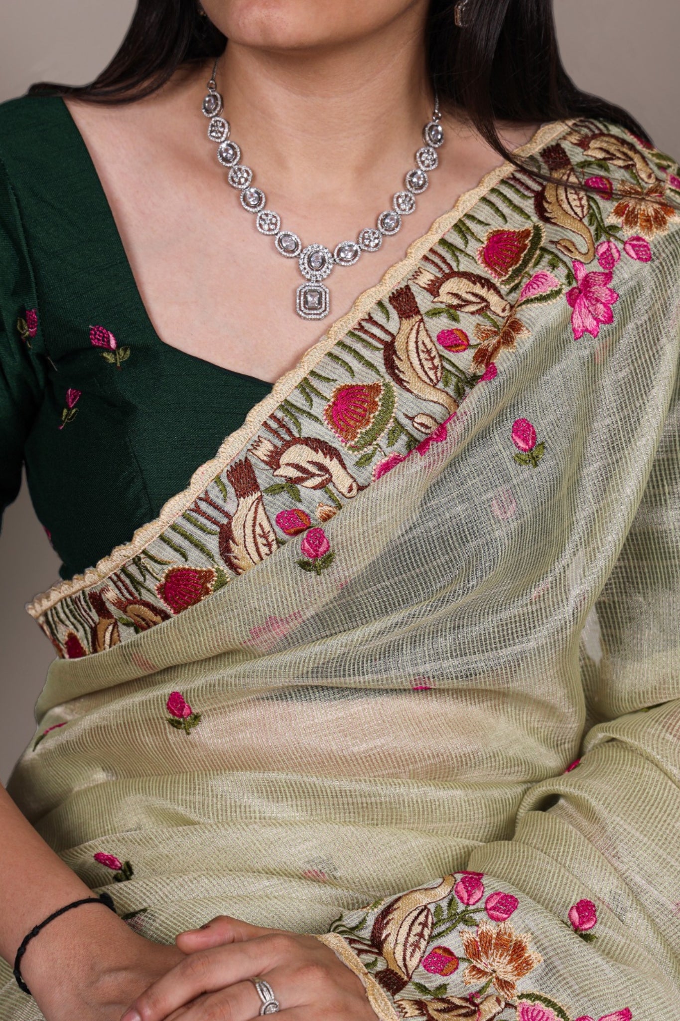 Luxury Zari Kota Tissue Designer Saree With Thread Embroidery Work