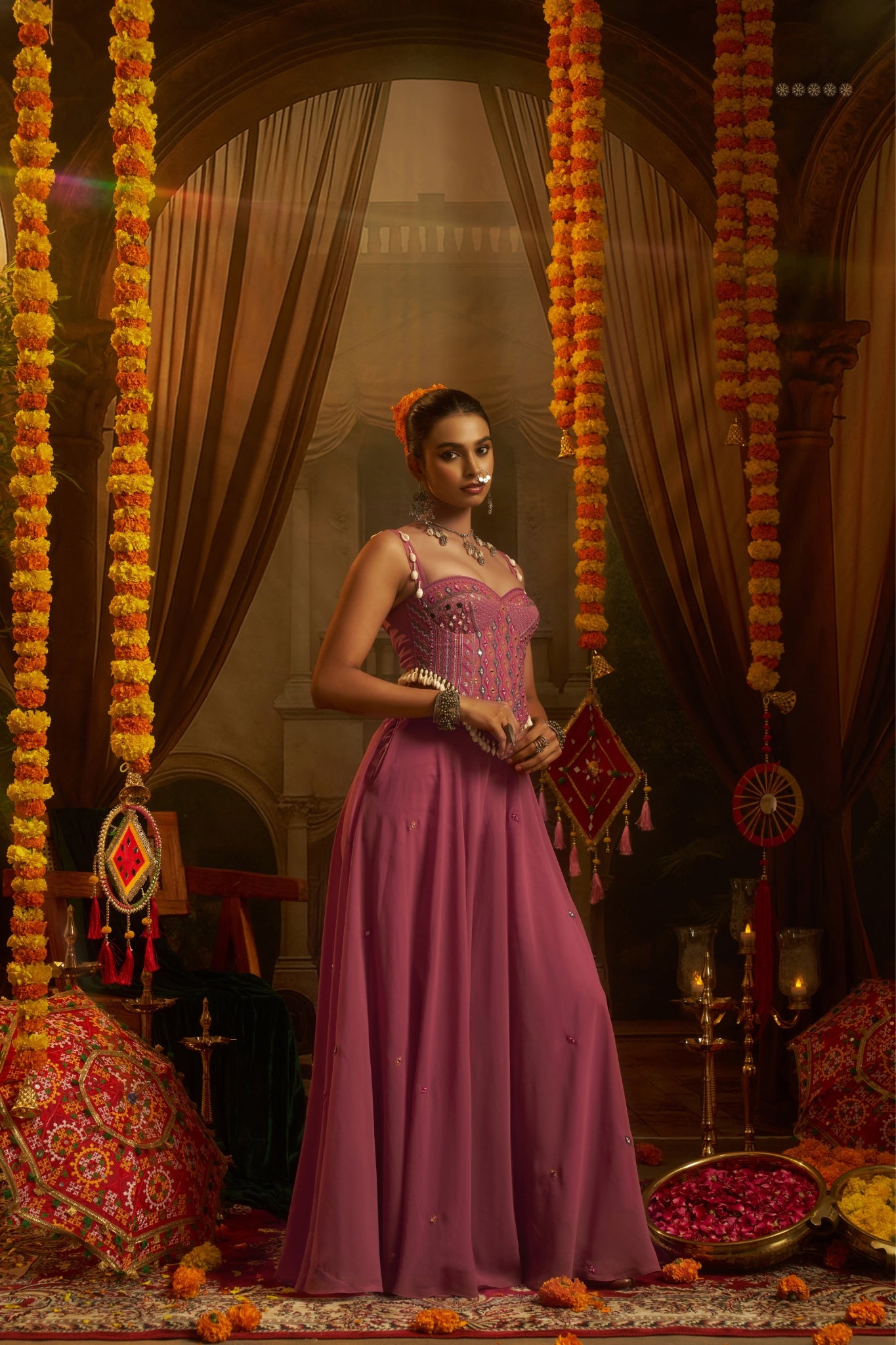 Pink Georgette Designer Festive Set With Mirror And Shell Handwork