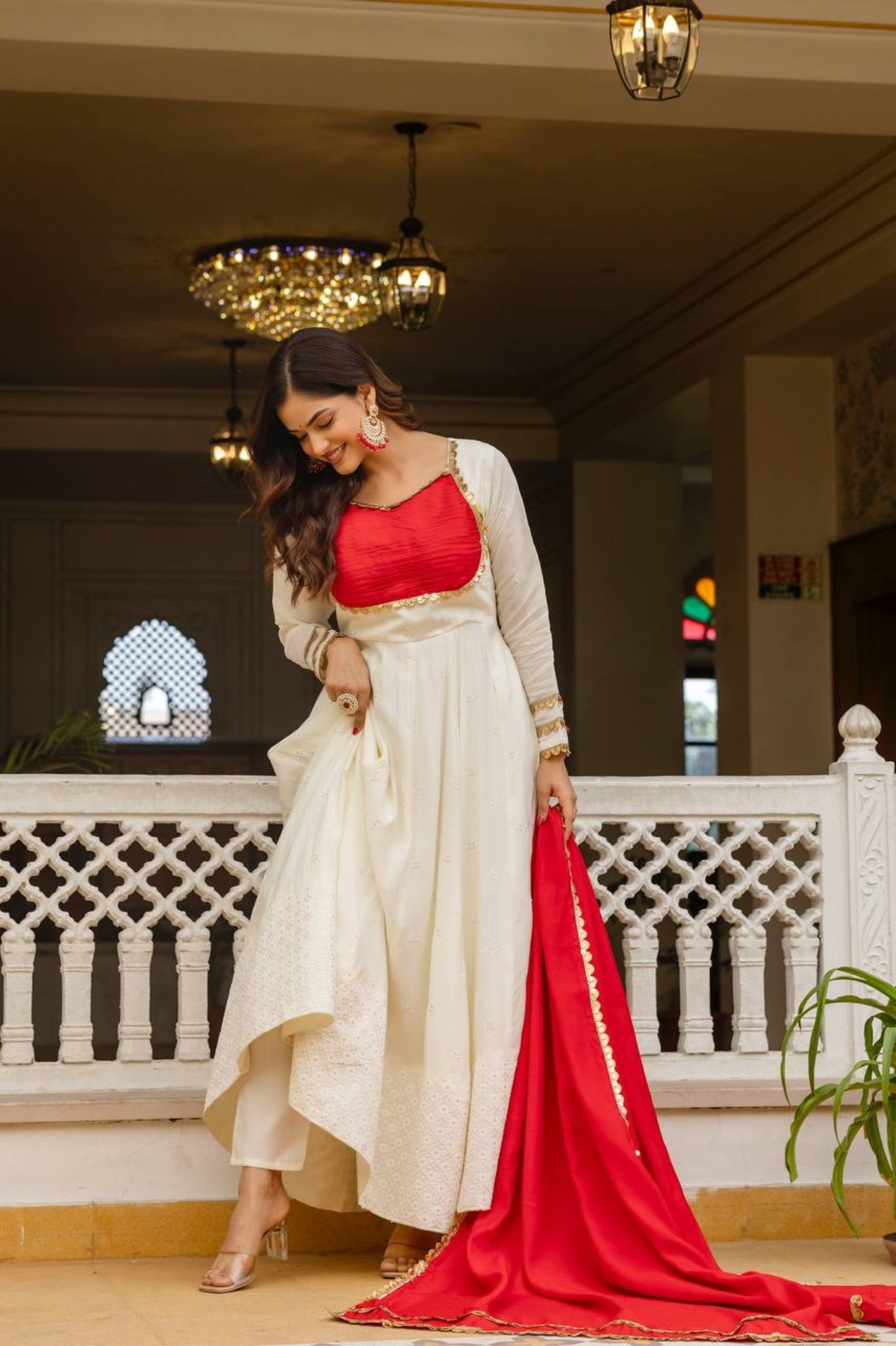 Elegant Roman Silk Chikankari Anarkali Set With Dupatta