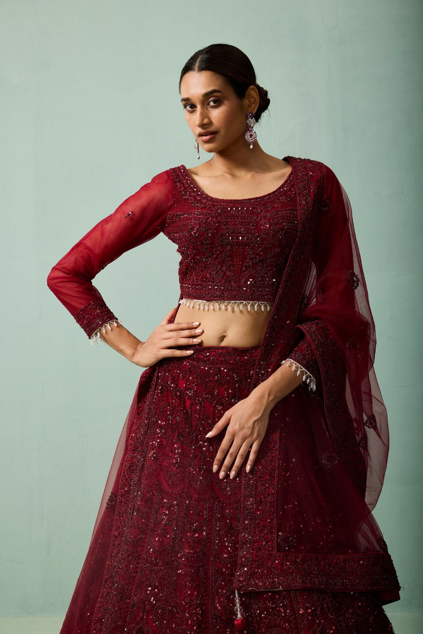 Royal Maroon Soft Net Embroidered Luxury Lehenga Set