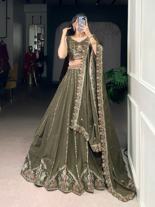 Regal Olive Green Embroidered Bridesmaid Lehenga Choli