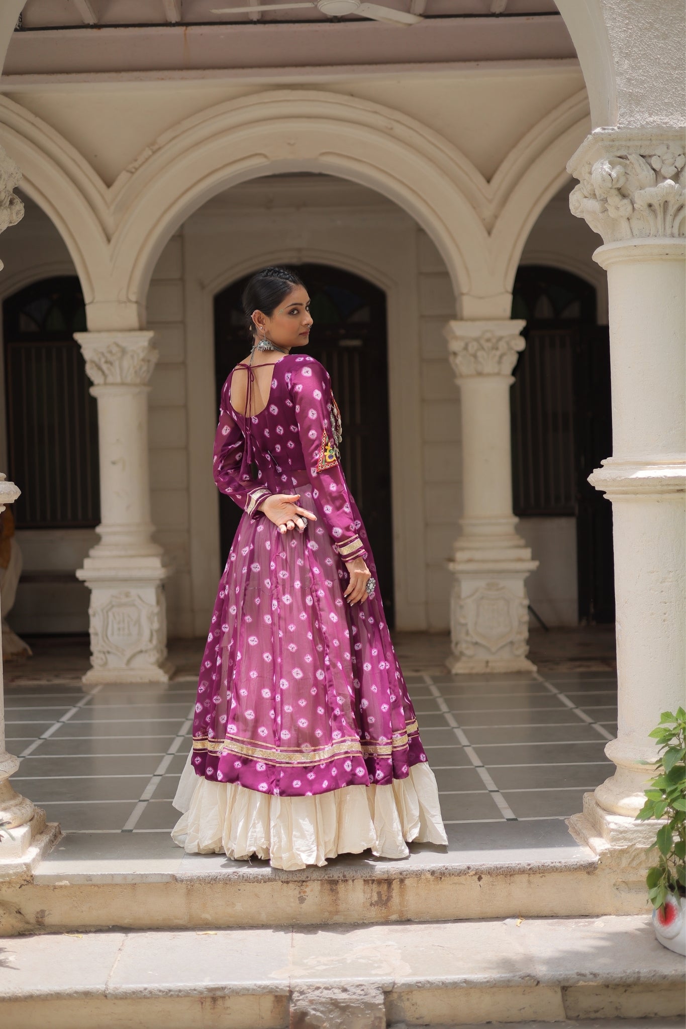 Kora Cotton Stylish Frill Stitching Beautiful Navratri Lehenga With Bandhani Printed Kurti