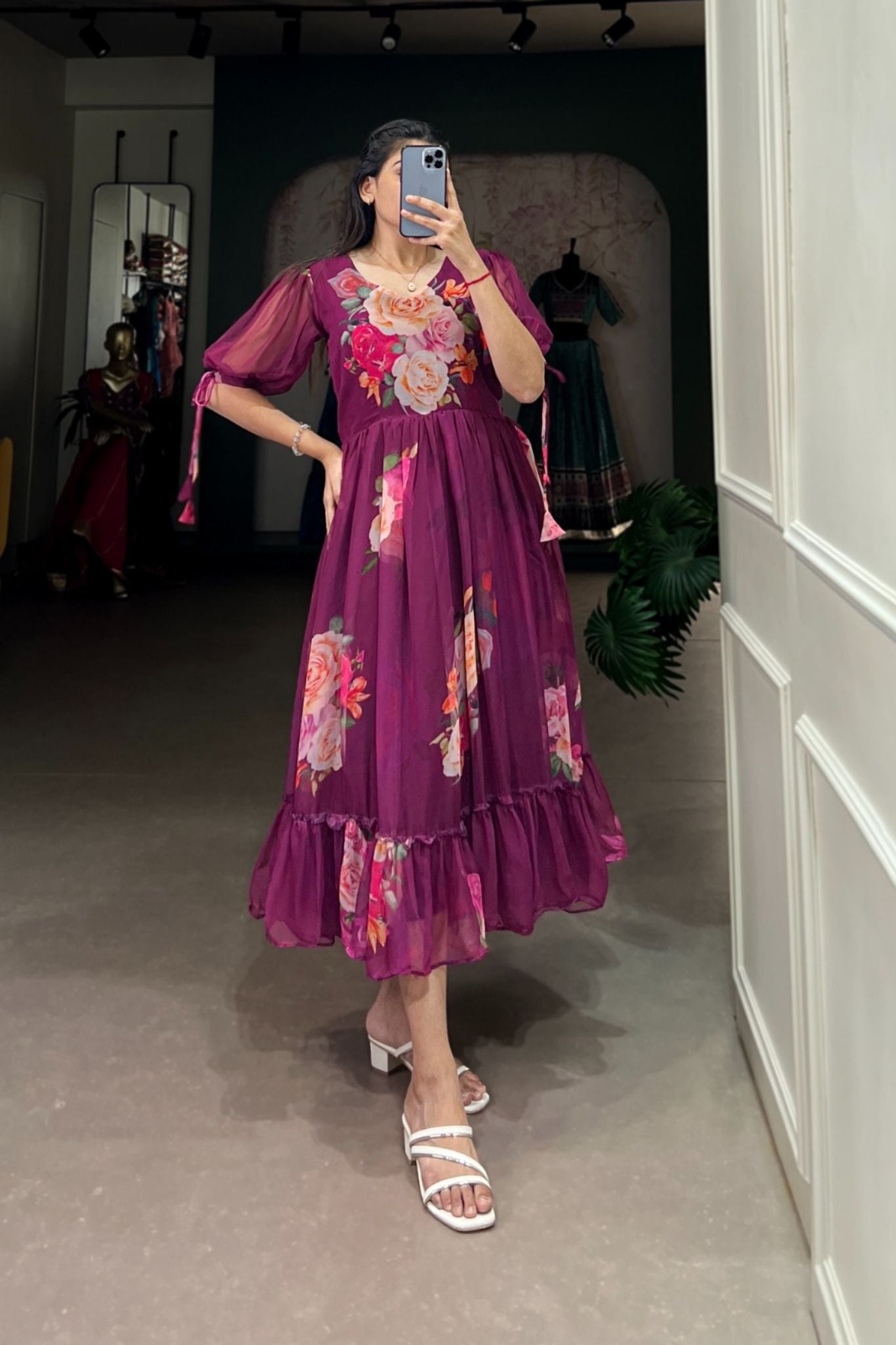 Purple Floral Printed Georgette Dress