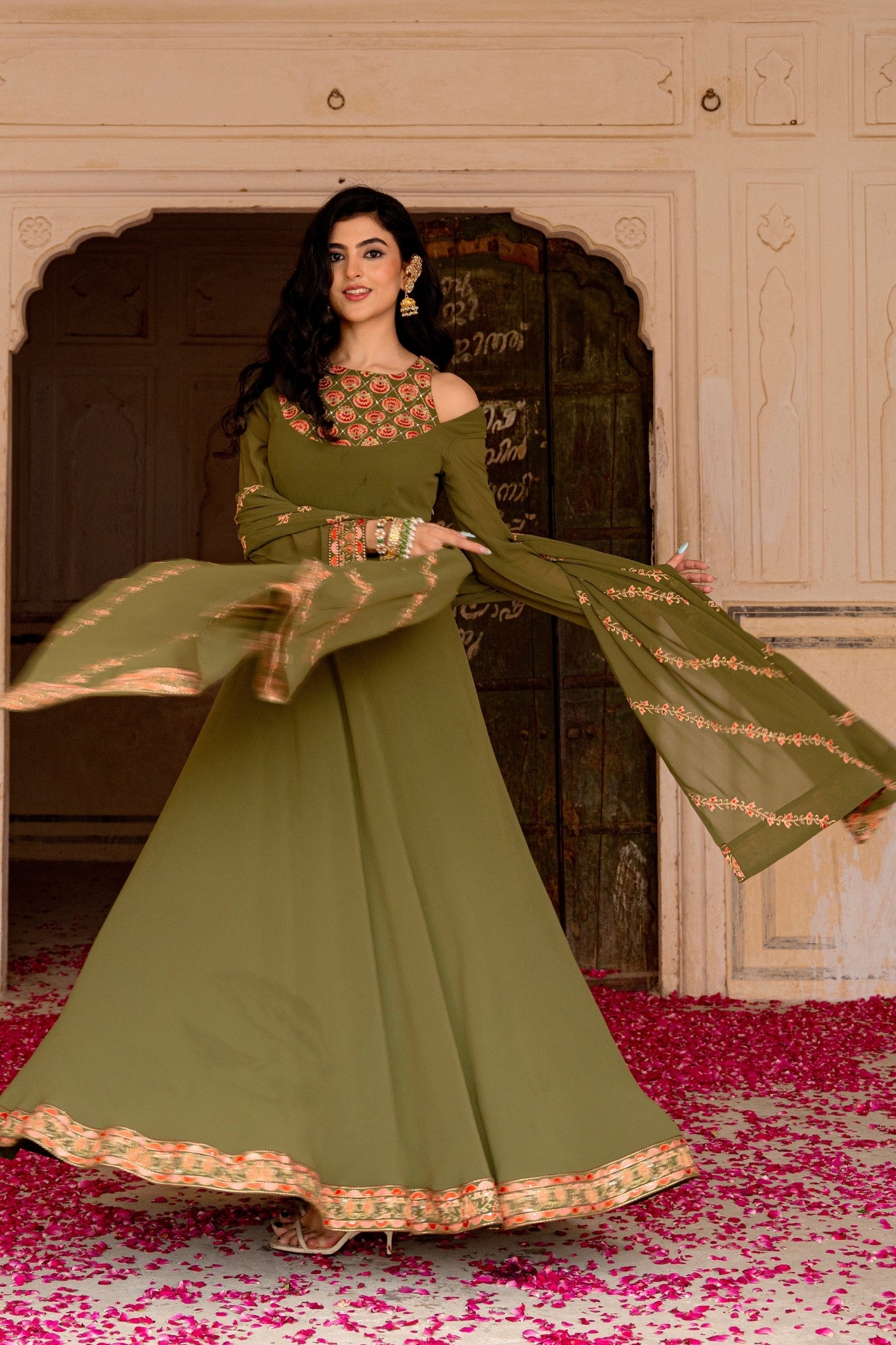 Olive Royale Embroidered Georgette Anarkali Set