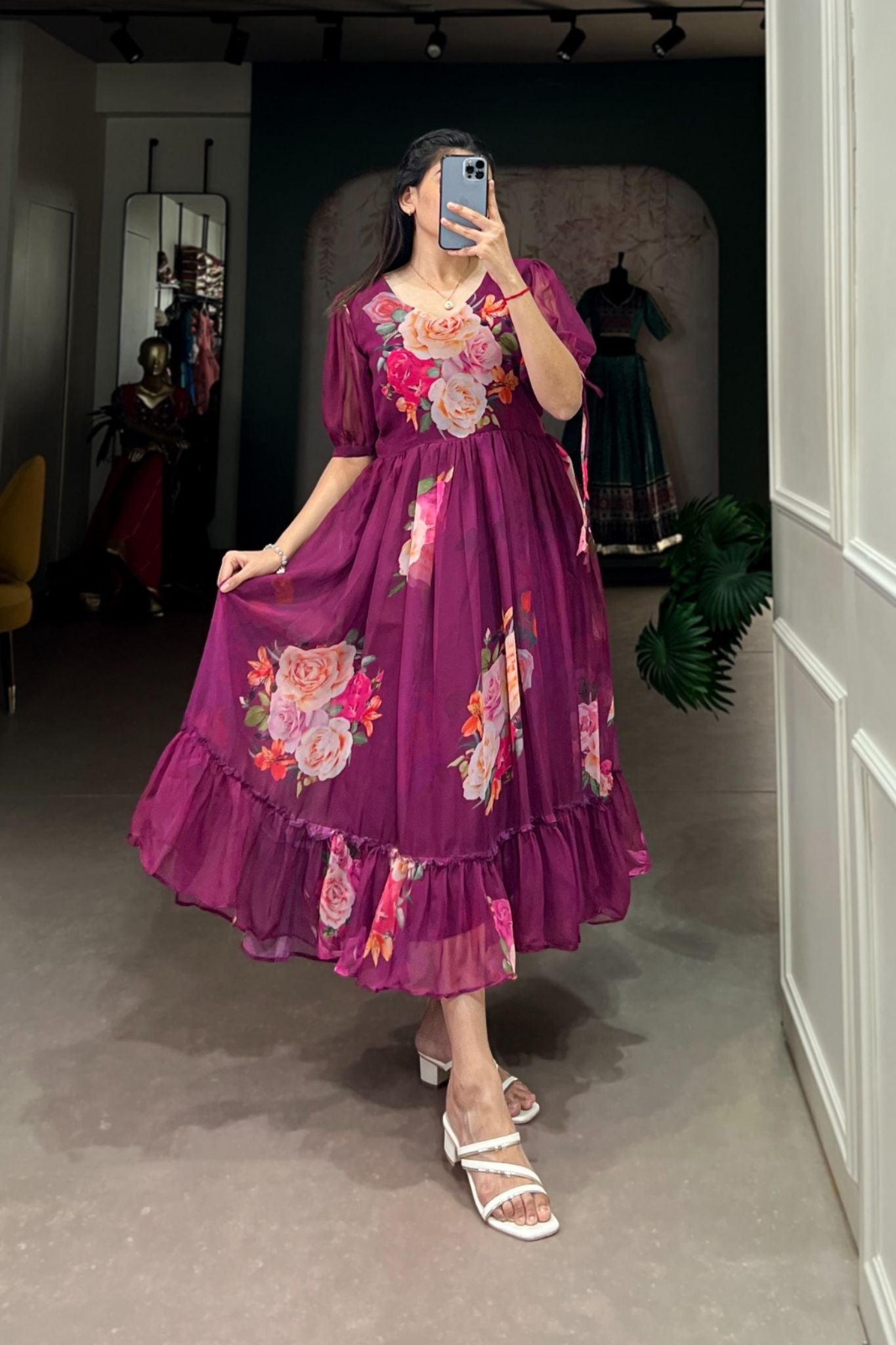 Purple Floral Printed Georgette Dress
